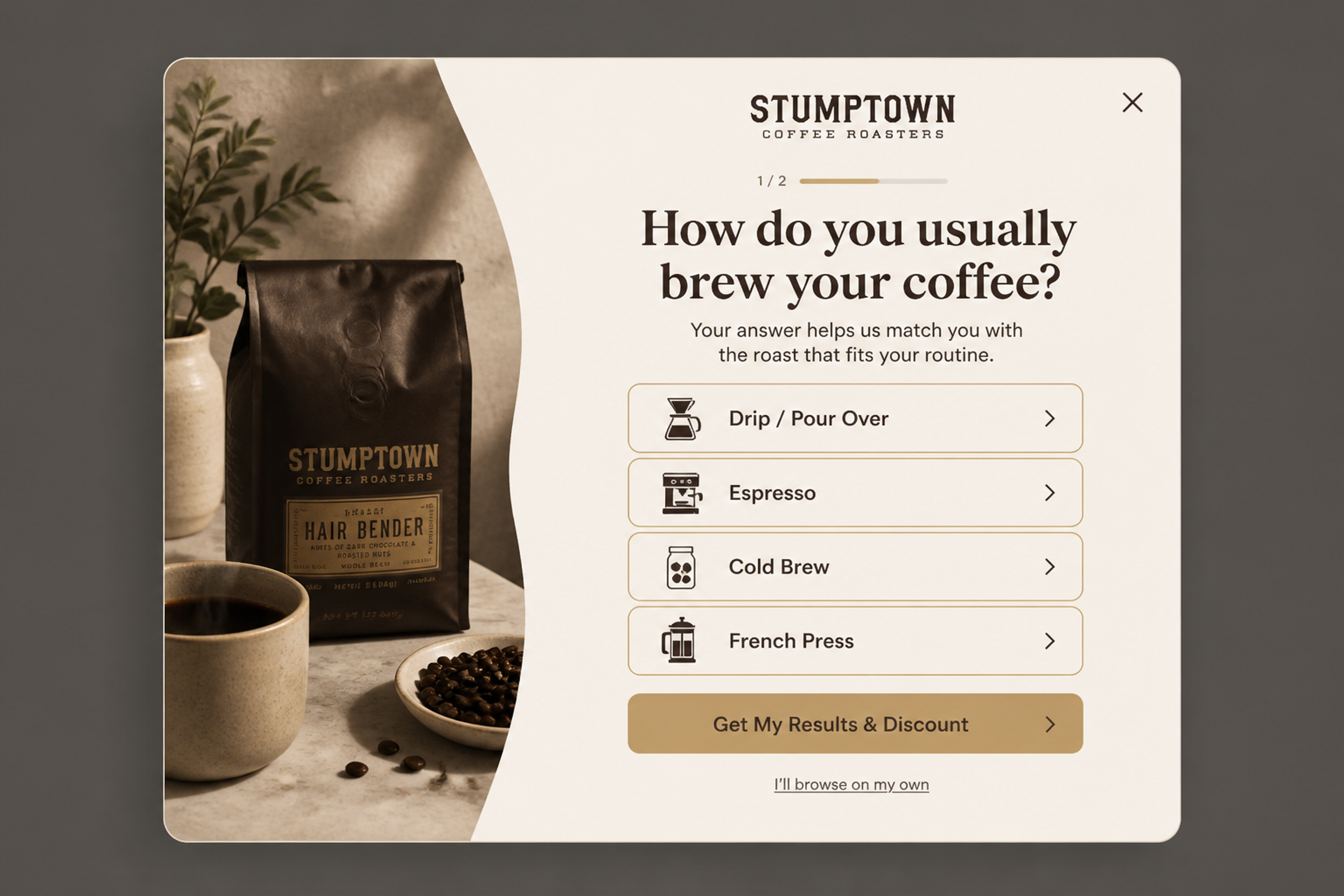 Quiz popup designed for Stumptown Coffee Roasters: "How do you usually brew your coffee?" with four brew methods to match a roast