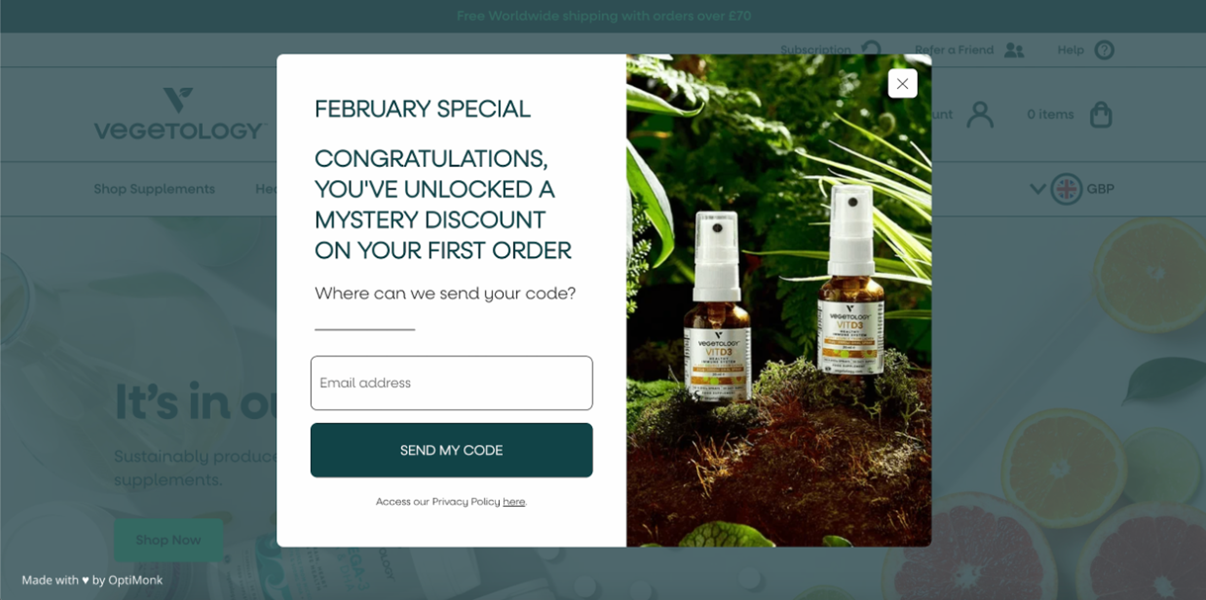 Email popup in Vegetology's online store