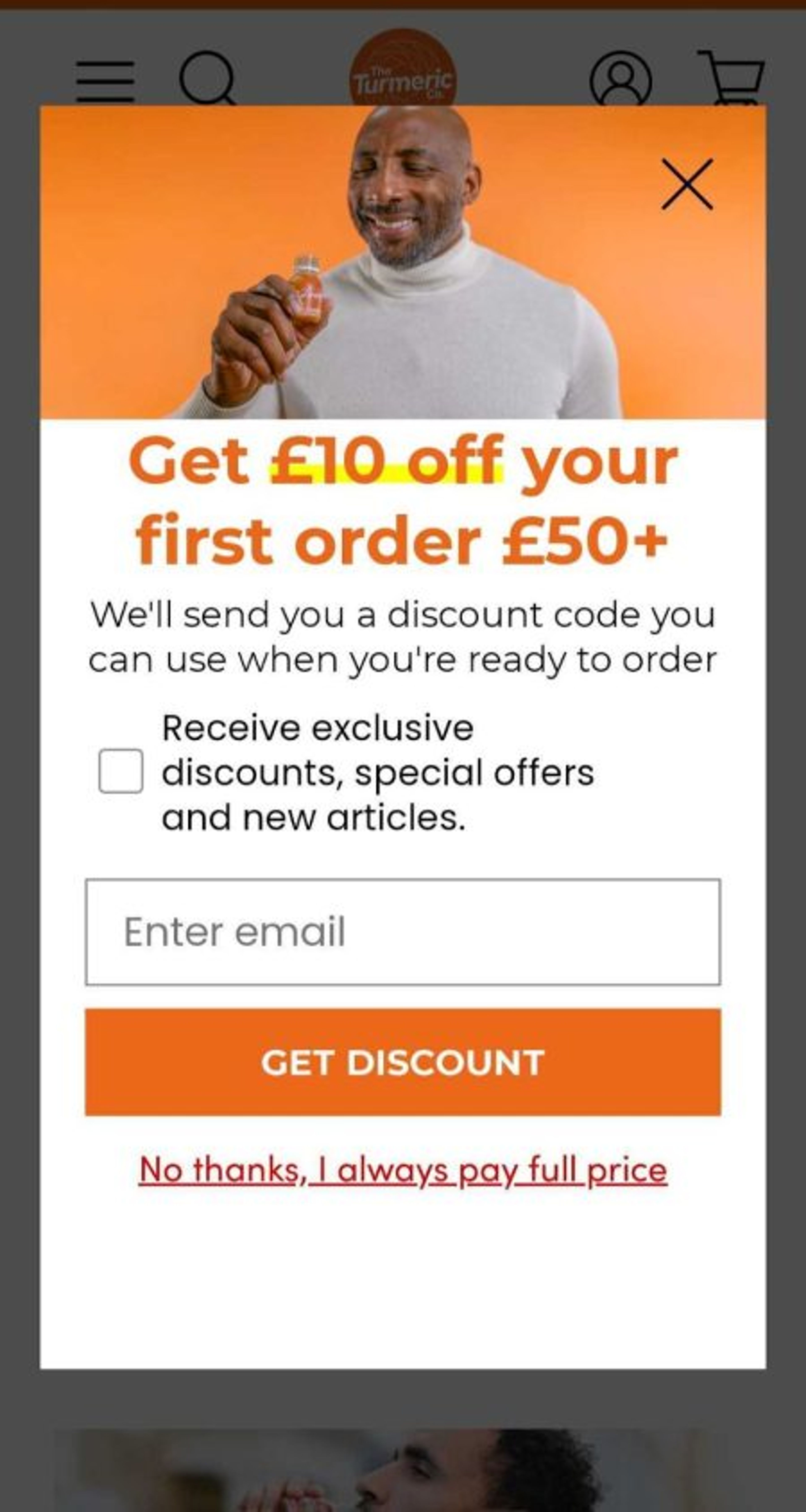 Turmeric Co's mobile popup is using a clear CTA button and bold colors
