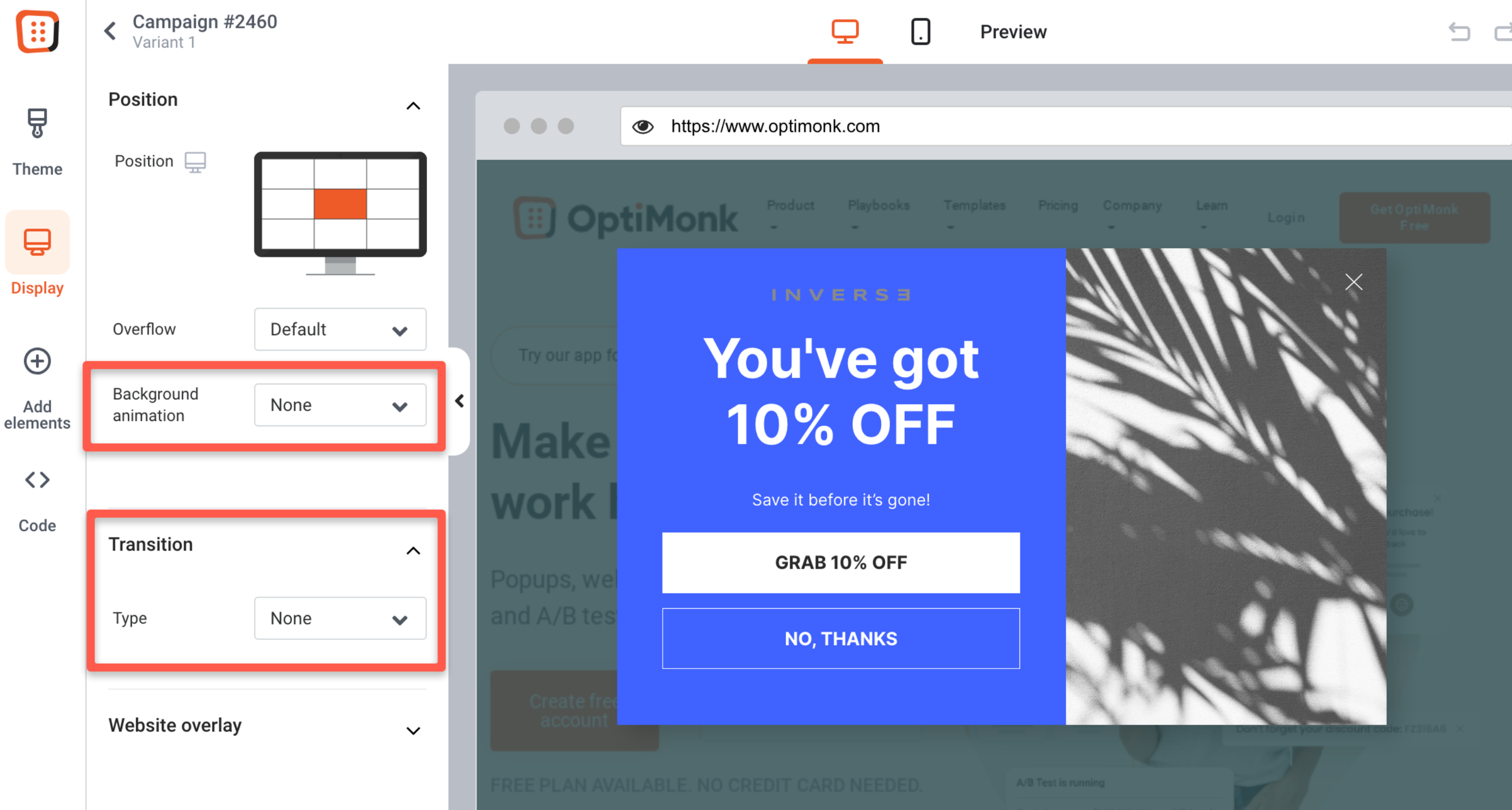 OptiMonk popup transition