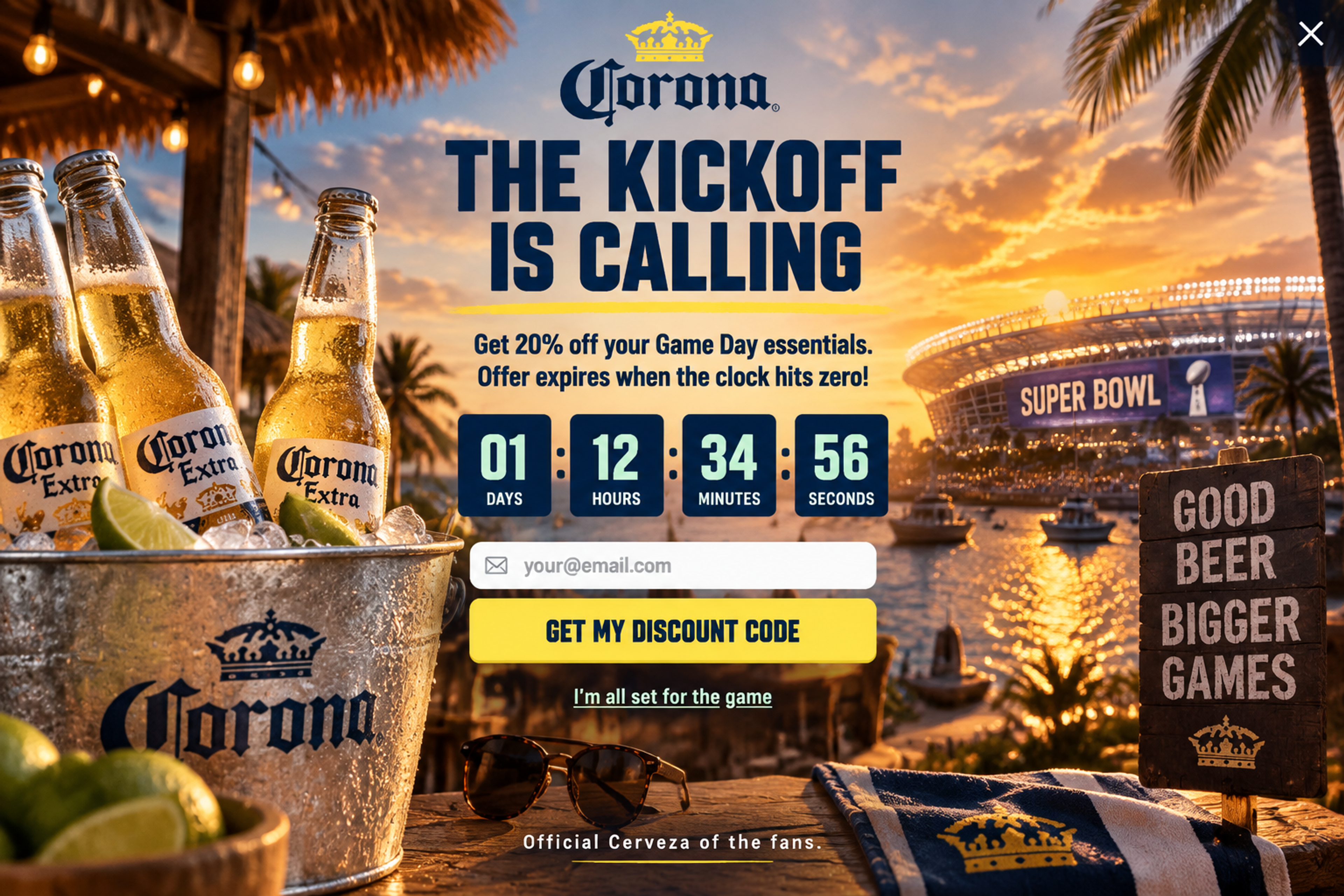Fullscreen Super Bowl popup with 20% off and a countdown timer to kickoff