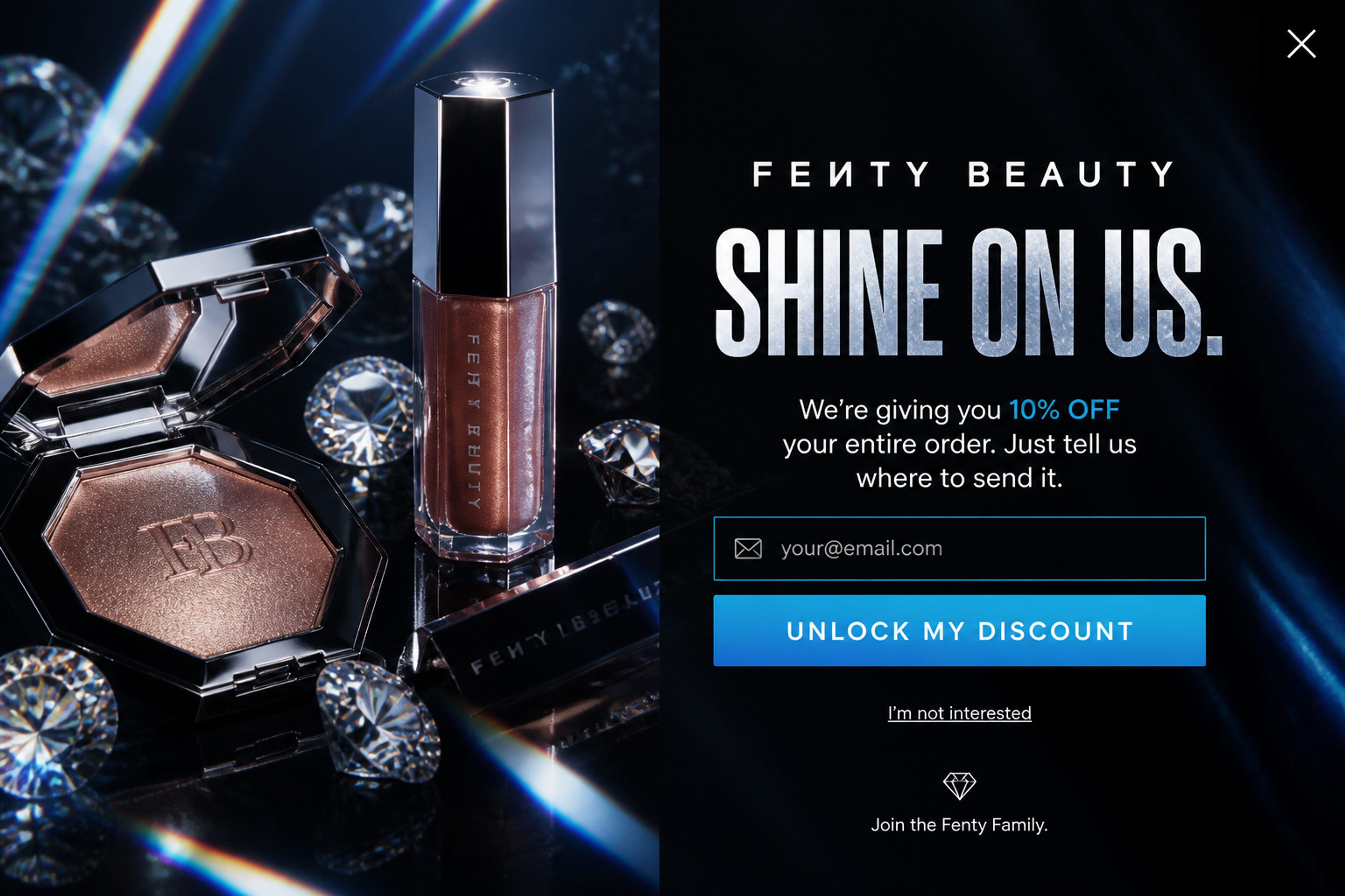 Fullscreen exit-intent popup offering 10% off the whole order for an email address, dark background with products and diamonds
