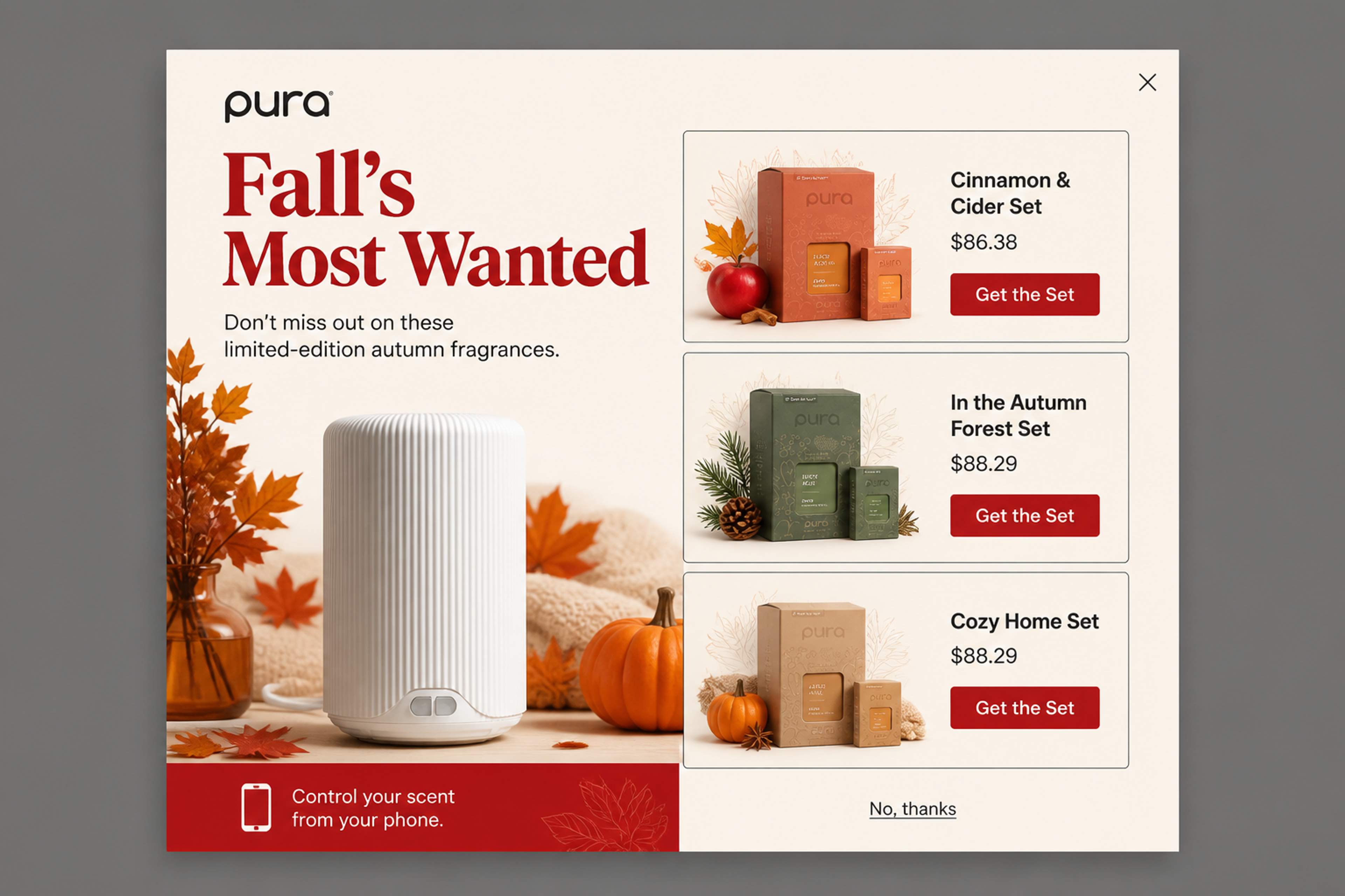 Popup showing limited-edition autumn home fragrances with a Get the Set button