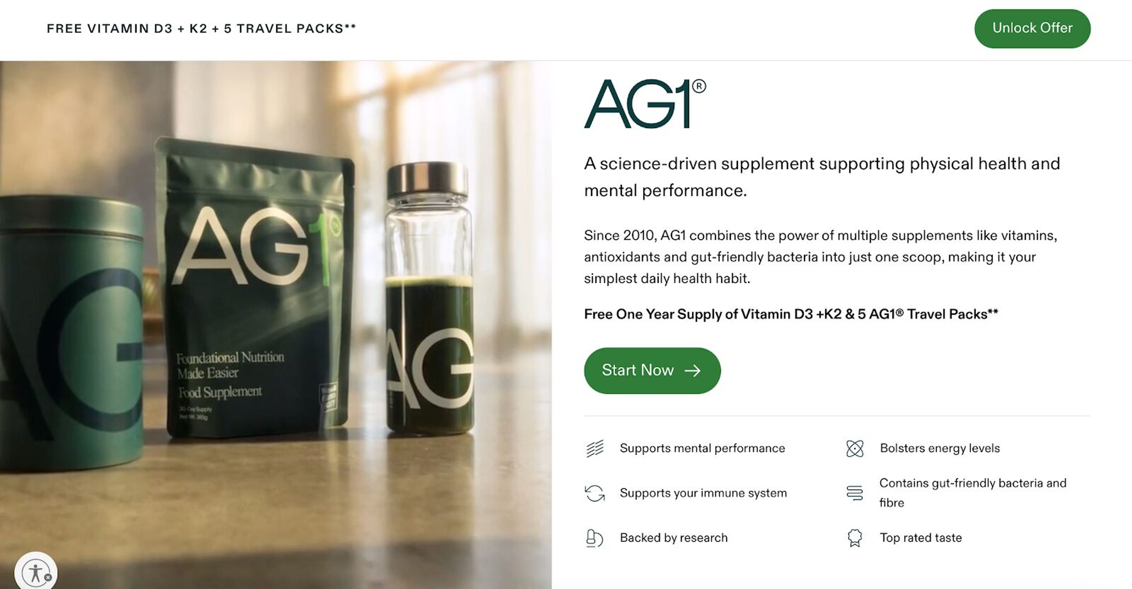 AG1 increase conversions by having a clear and consice landing page copy.