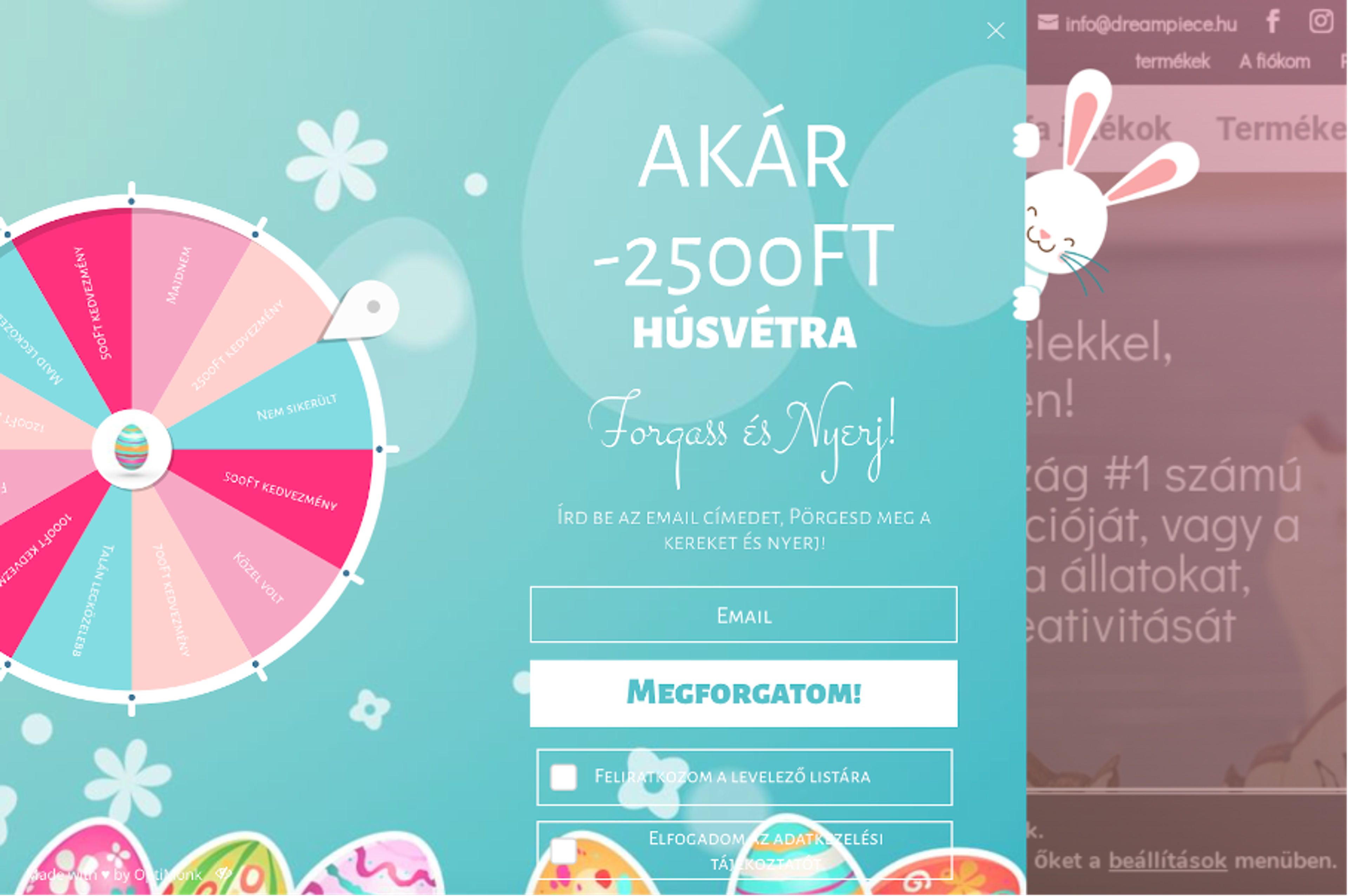 A lucky wheel popup from dreampiece.hu