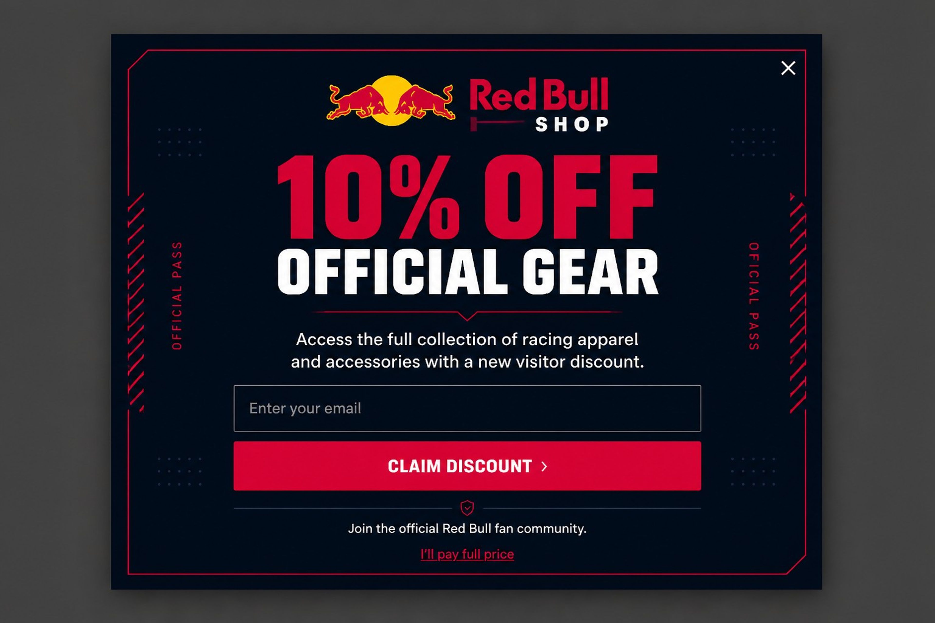 Red Bull Shop welcome popup with a bold 10% off official gear headline on a navy background