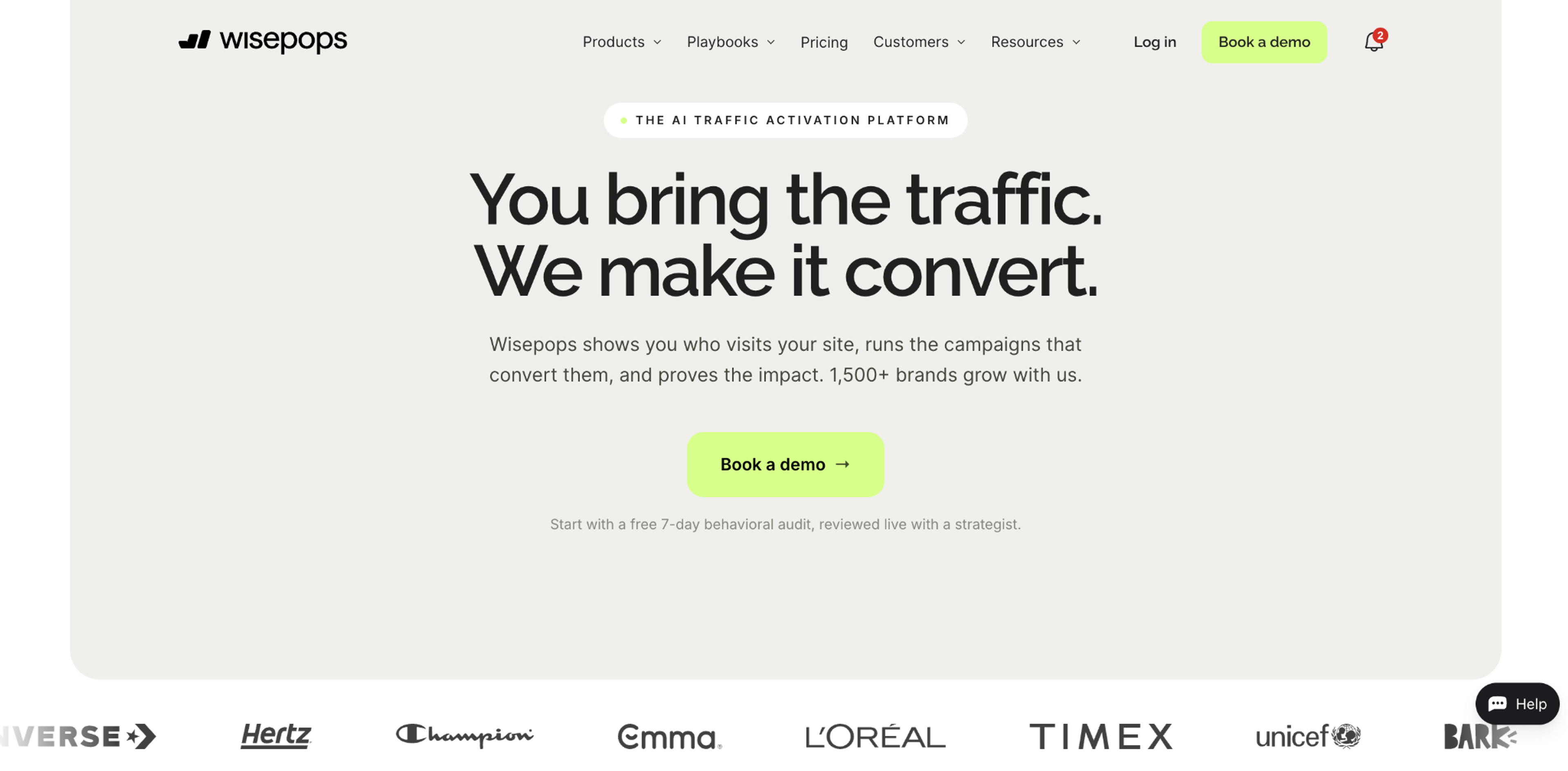Wisepops homepage with a Book a demo button