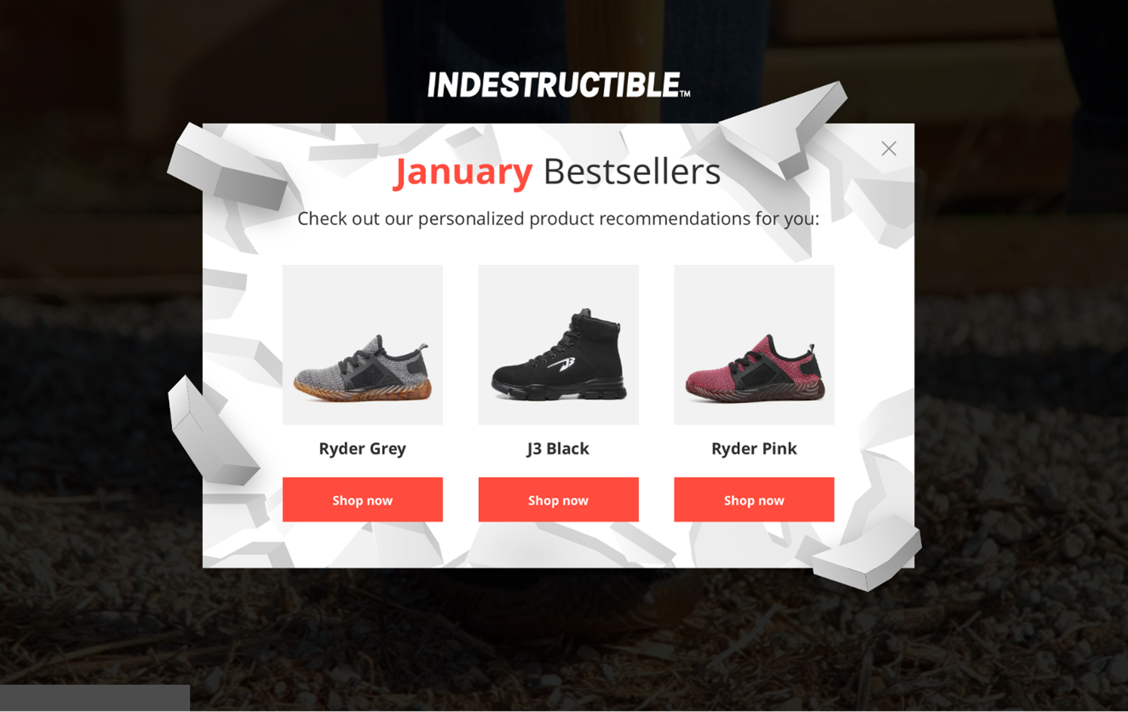Indestructible Shoes product recommendation pop-up