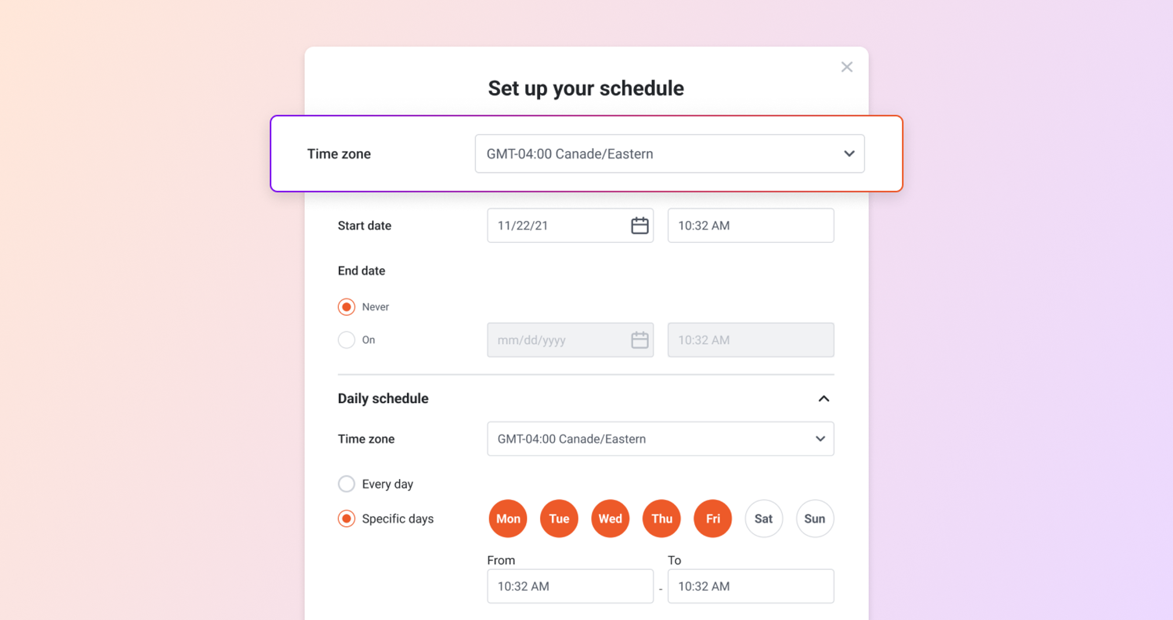 timezone schedule popup