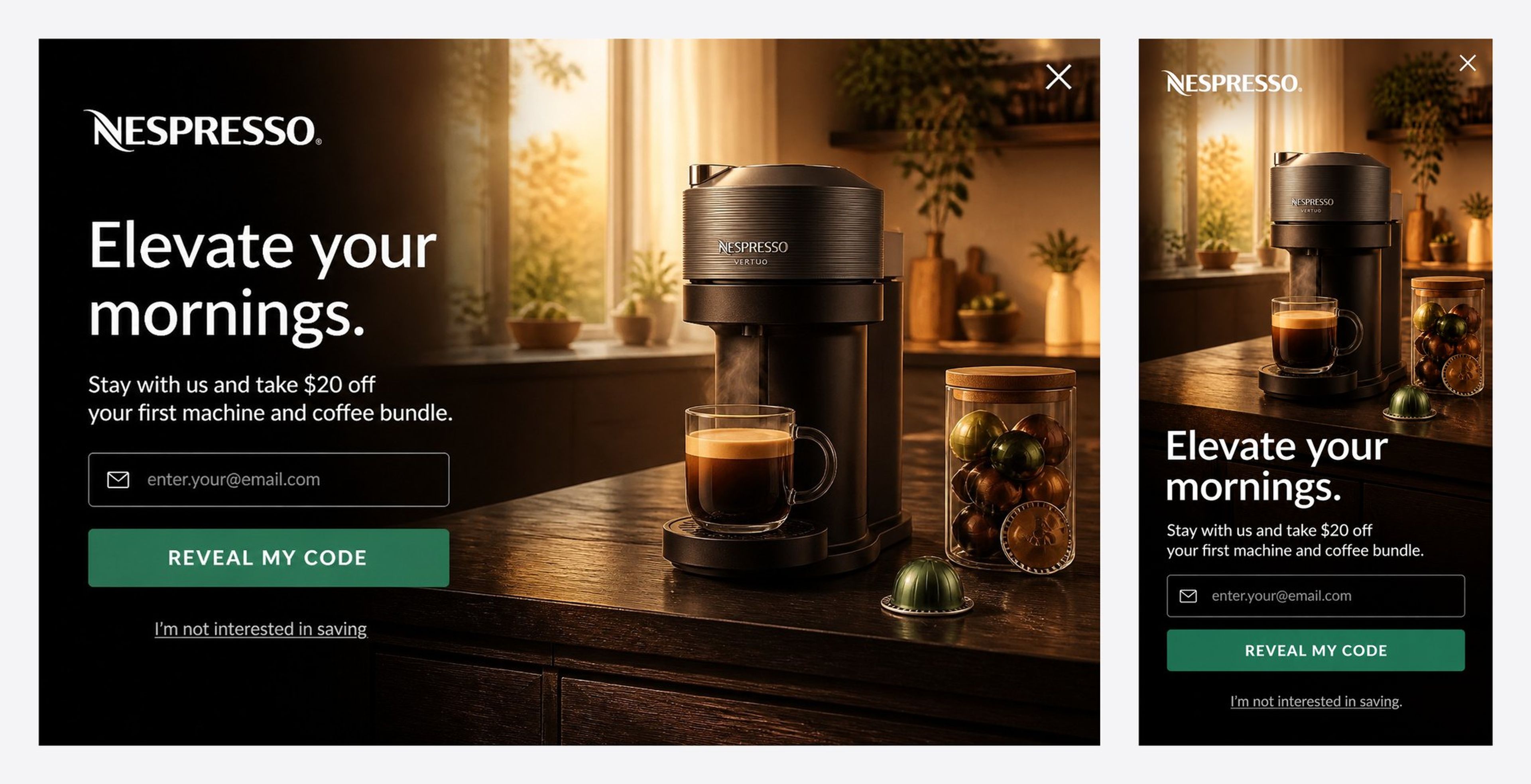 The same Nespresso exit-intent popup on desktop and on mobile, with a separate layout for the phone