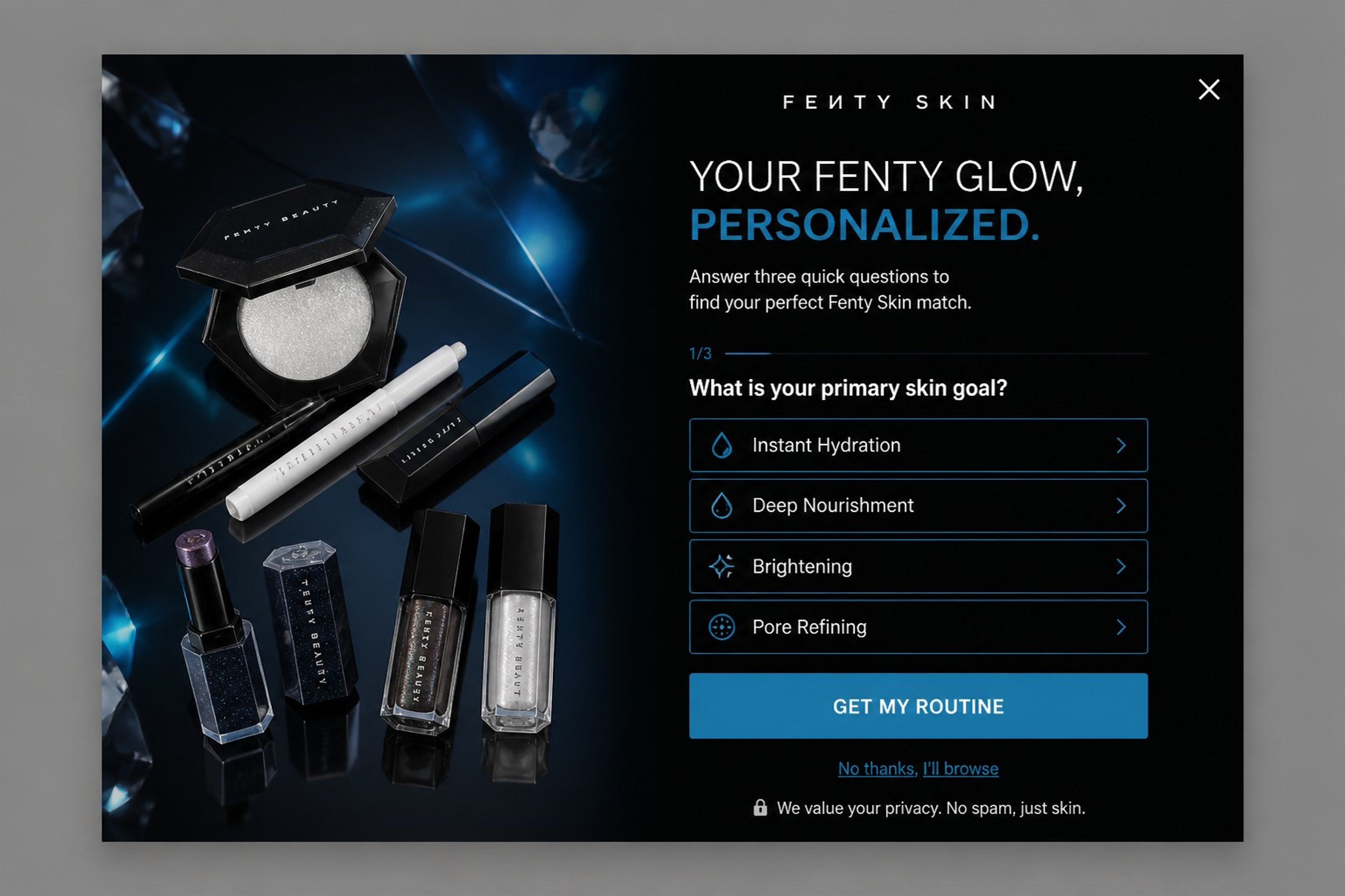 Fenty Skin quiz popup asking about the visitor's primary skin goal