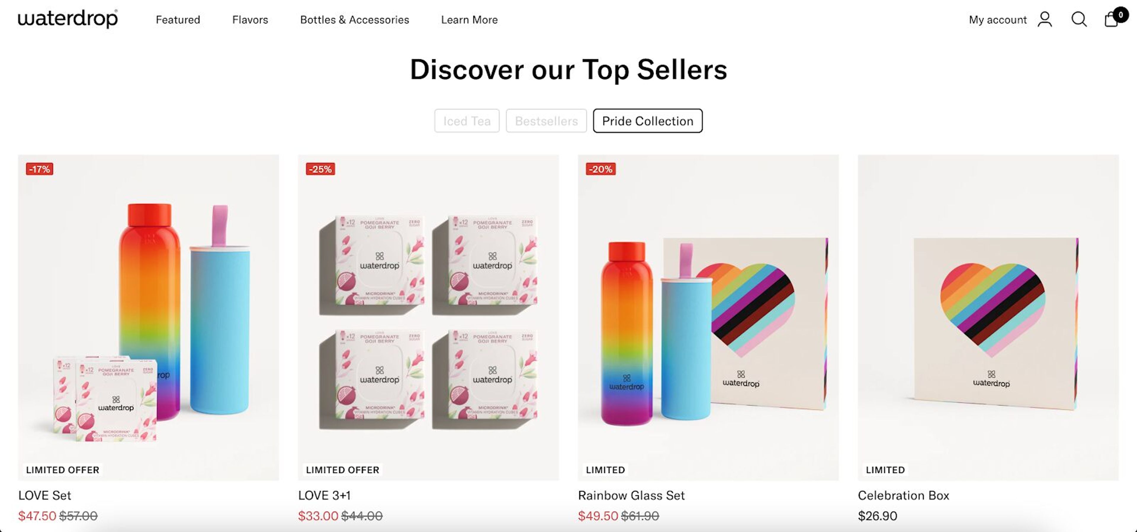 Waterdrop is promoting their featured product collection during Pride Month on their product pages.