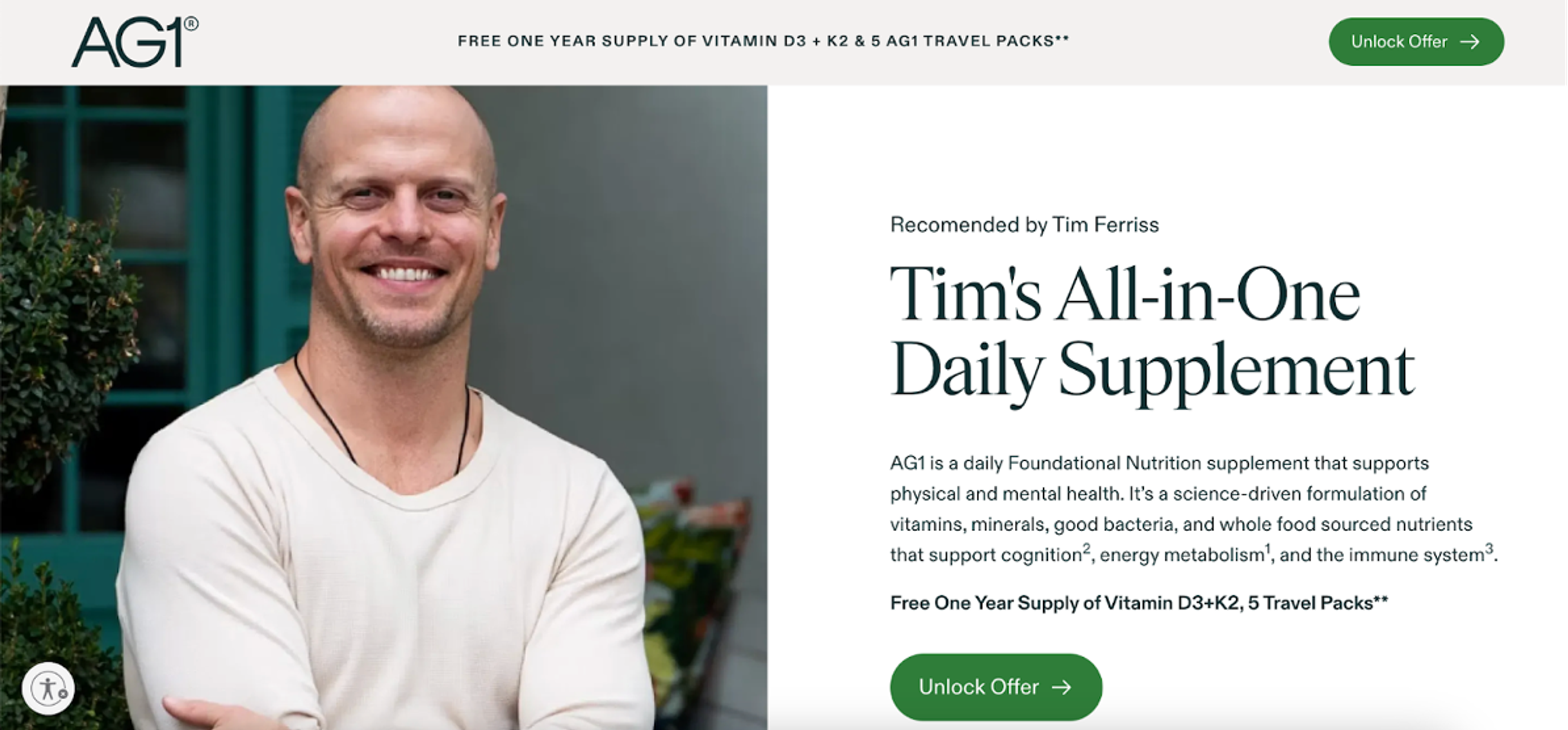Personalized landing page for AG1's partnership with Tim Ferriss
