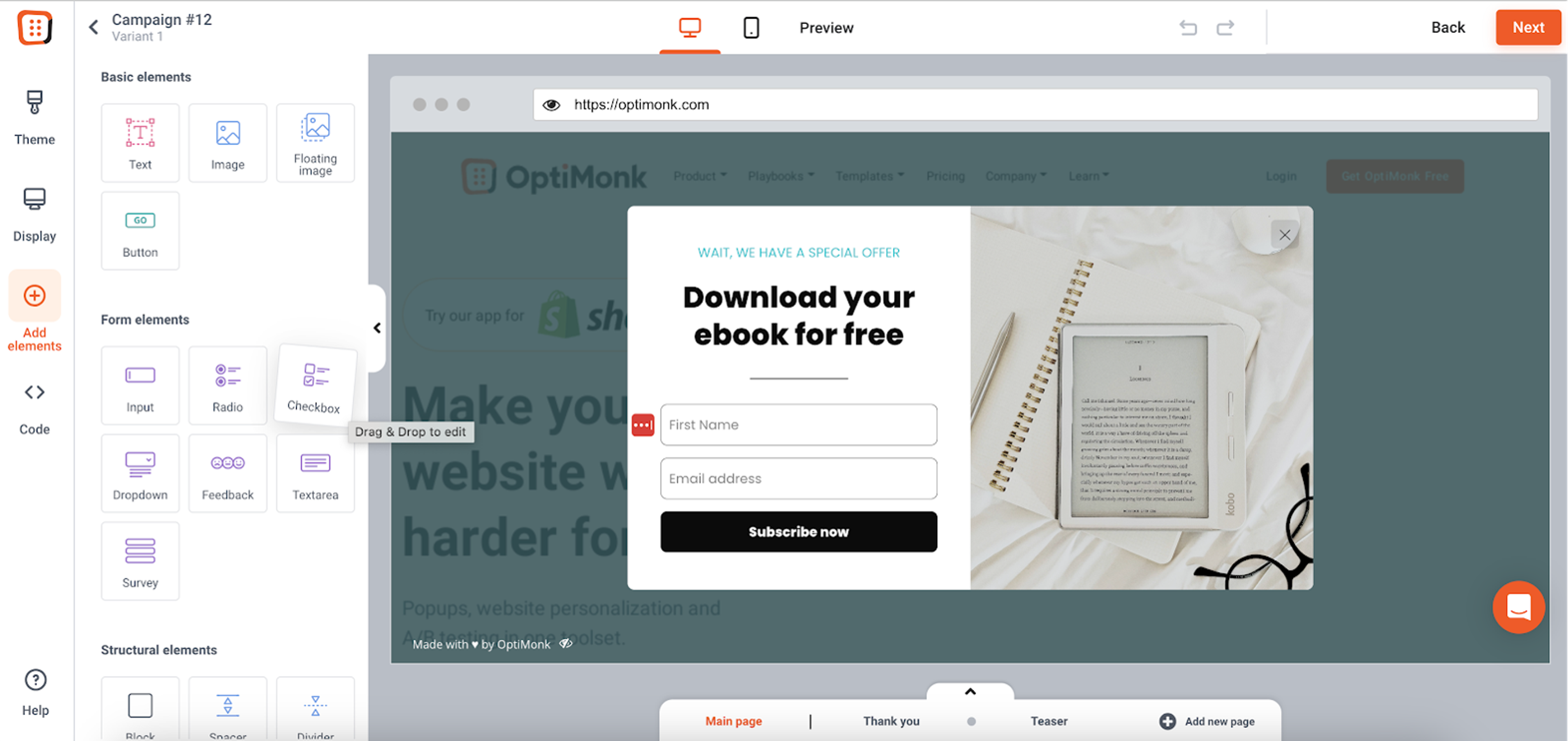Customizing pop-ups in OptiMonk's drag and drop editor