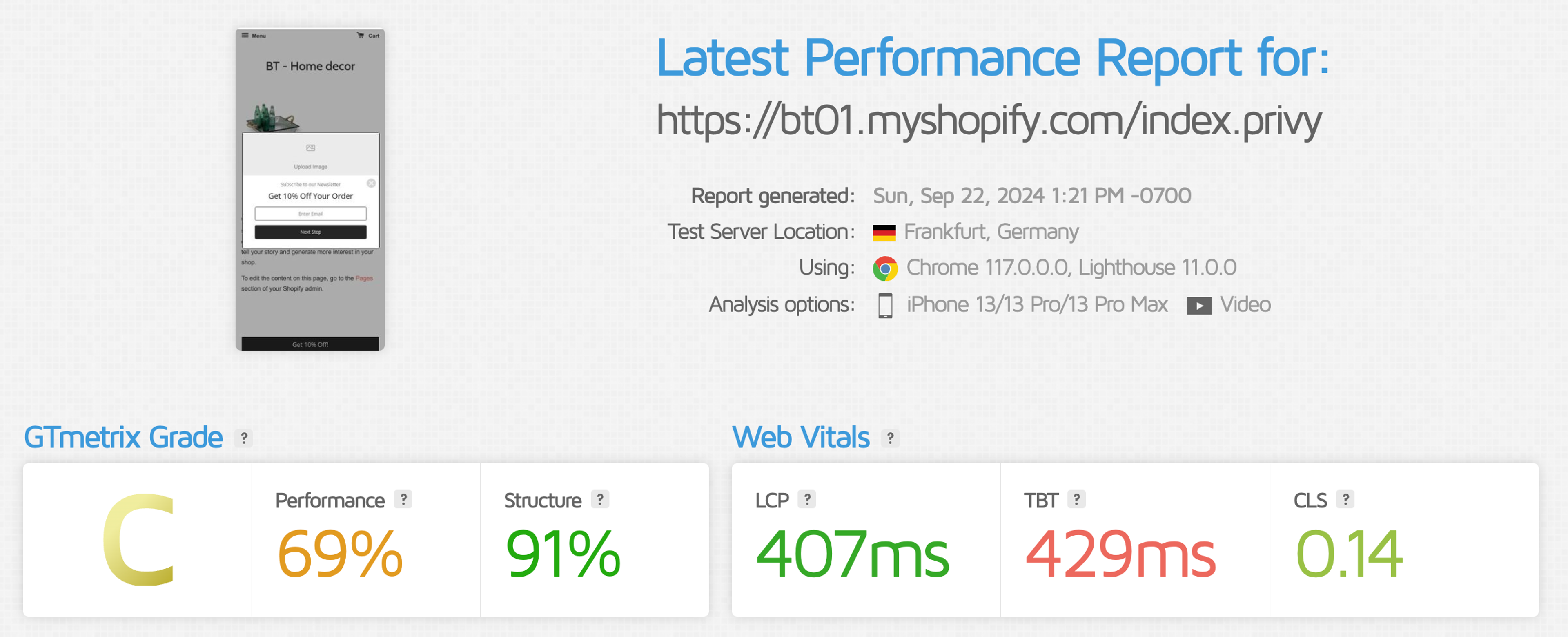 Privy GTMetrix page speed results