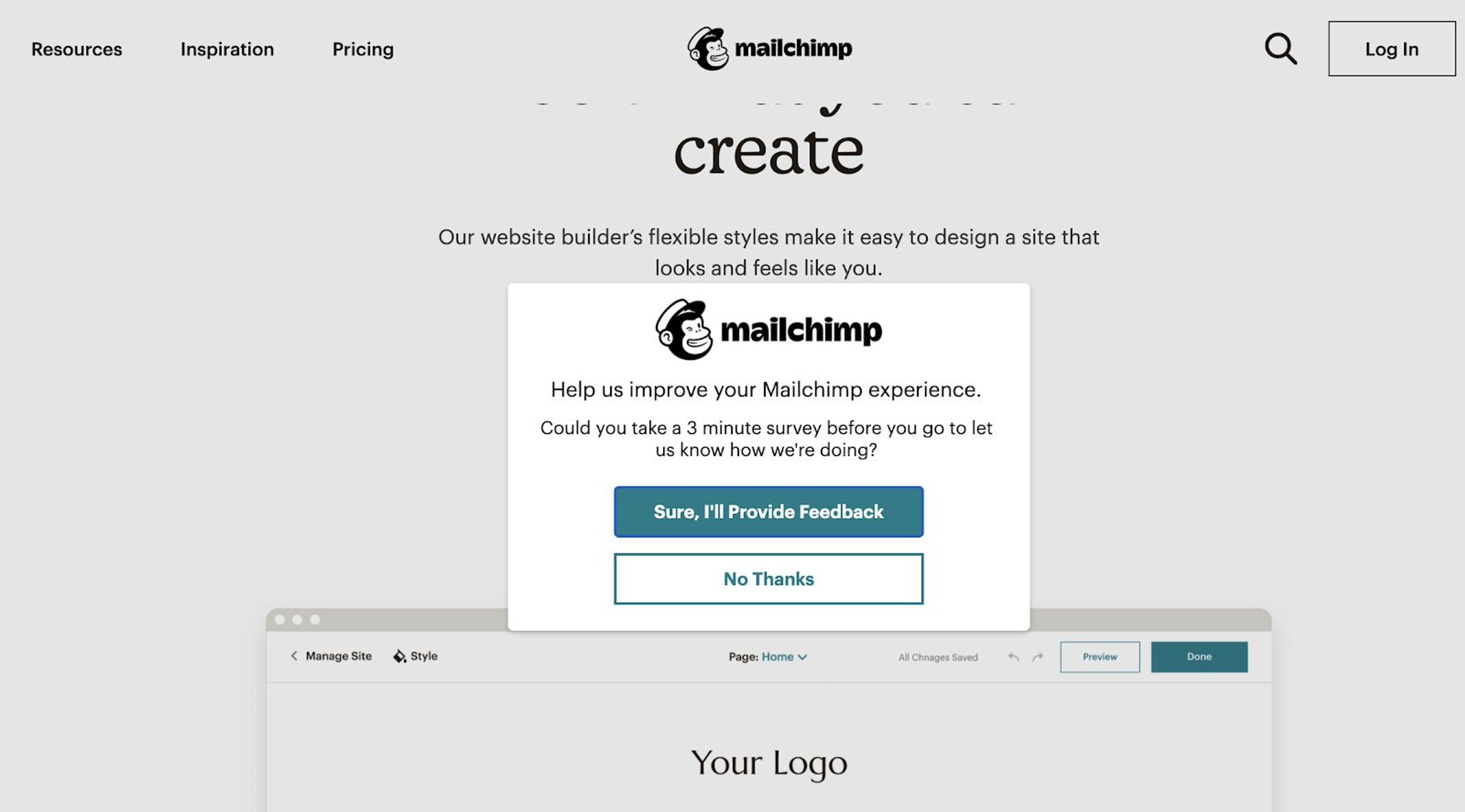 Mailchimp's simple survey encourage visitors to answer questions about their user experience.