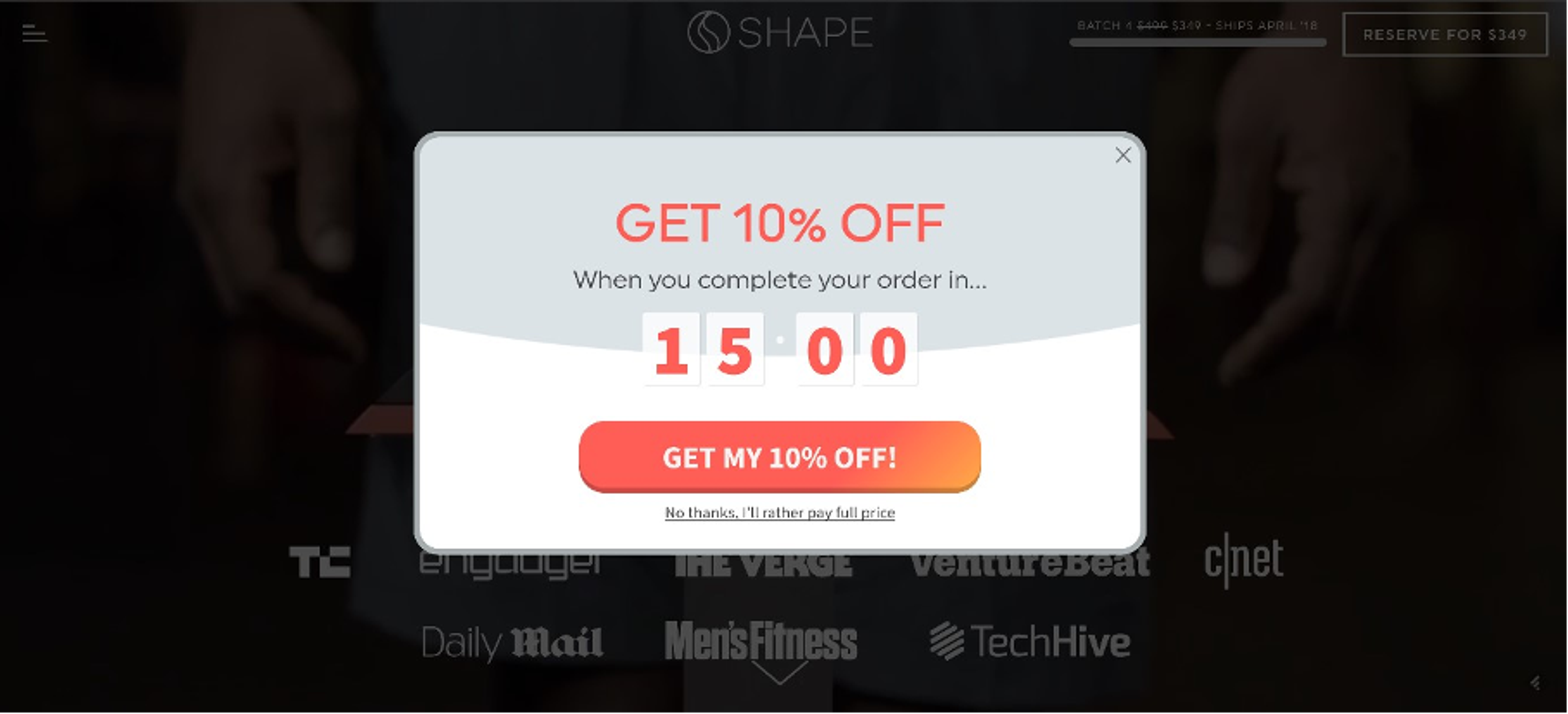 Shapescale.com offering 10% off on their popup.
