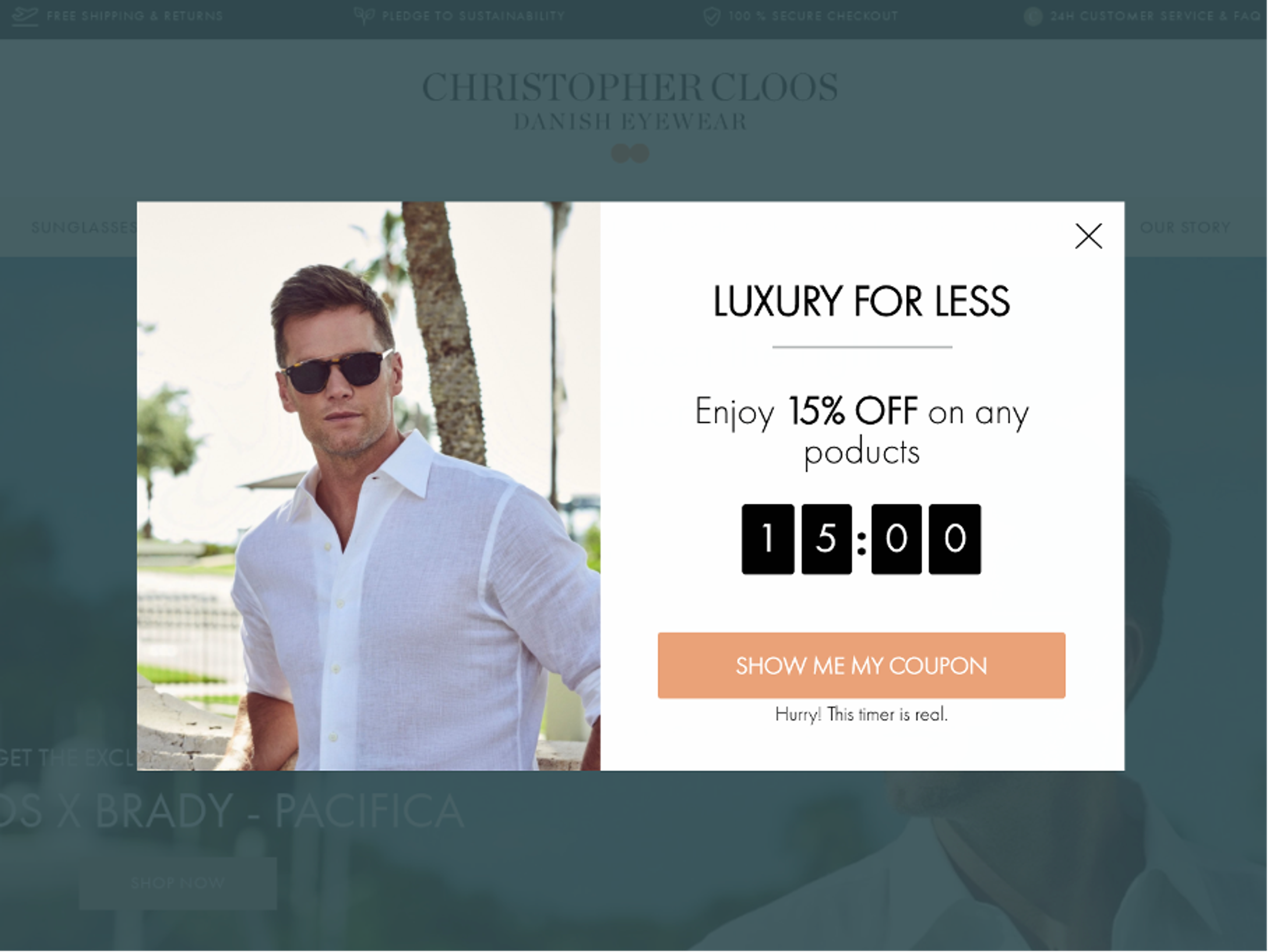 Christopher Cloos sales promotion placed on a discount popup.