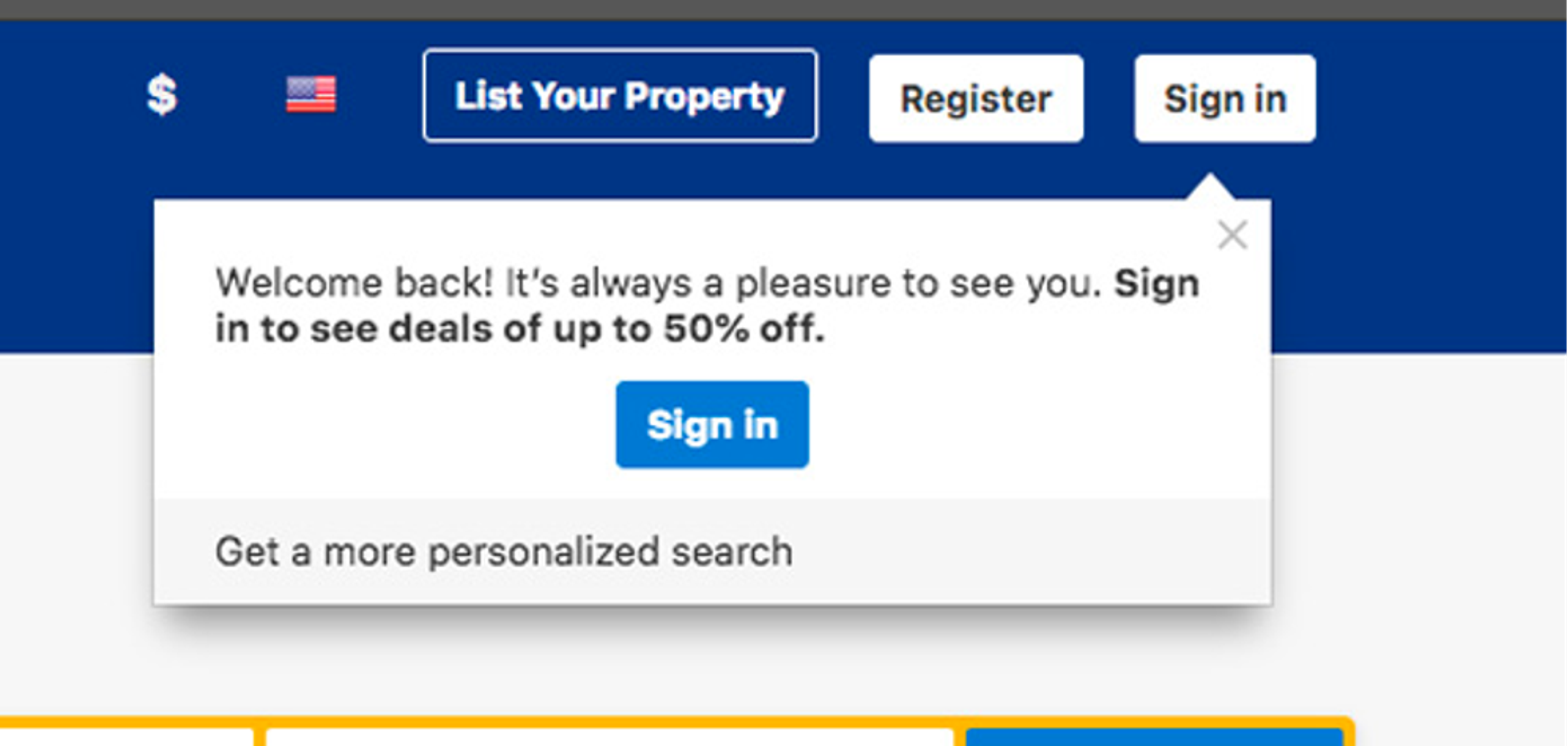 Personalization example for returning customers