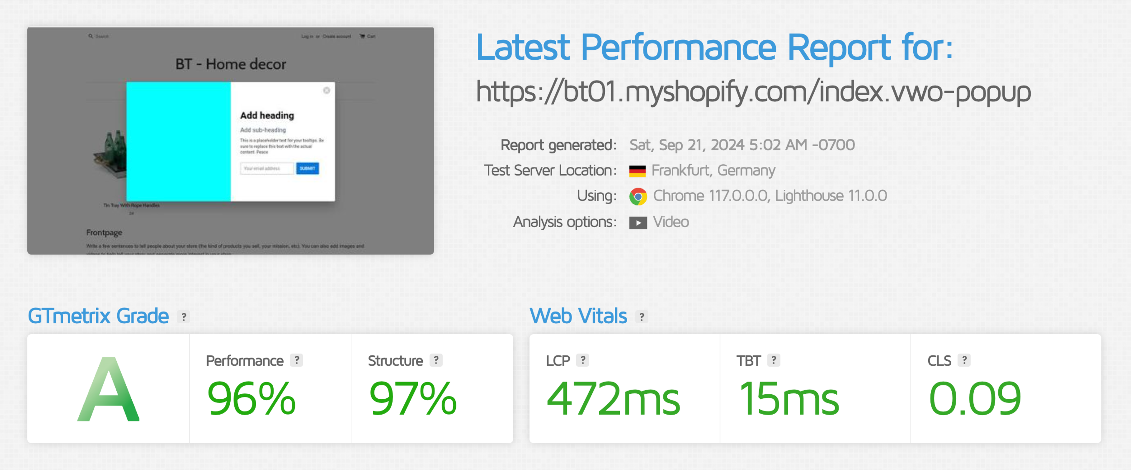 VWO GTMetrix page speed results