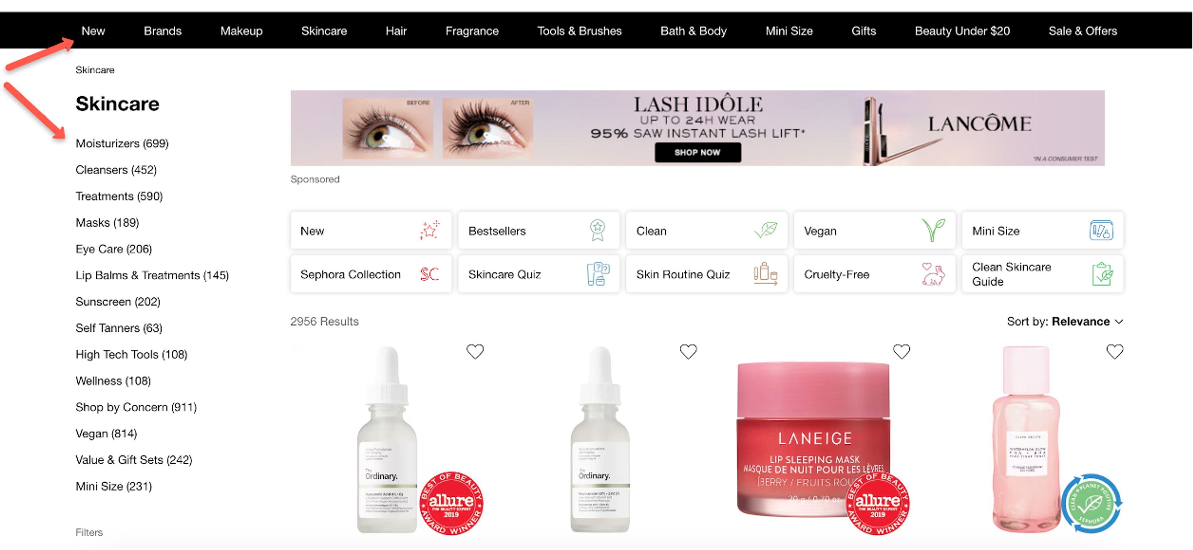Sephora ecommerce category pages using both a vertical and a horizontal category menu