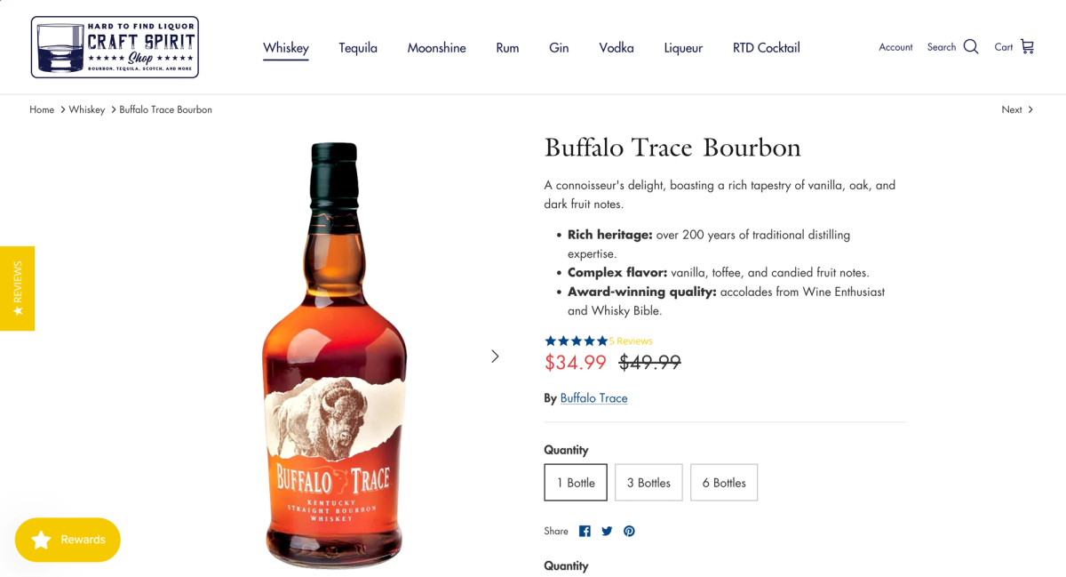 Craft Spirit Shop showing Buffalo Trace Bourbon's product page