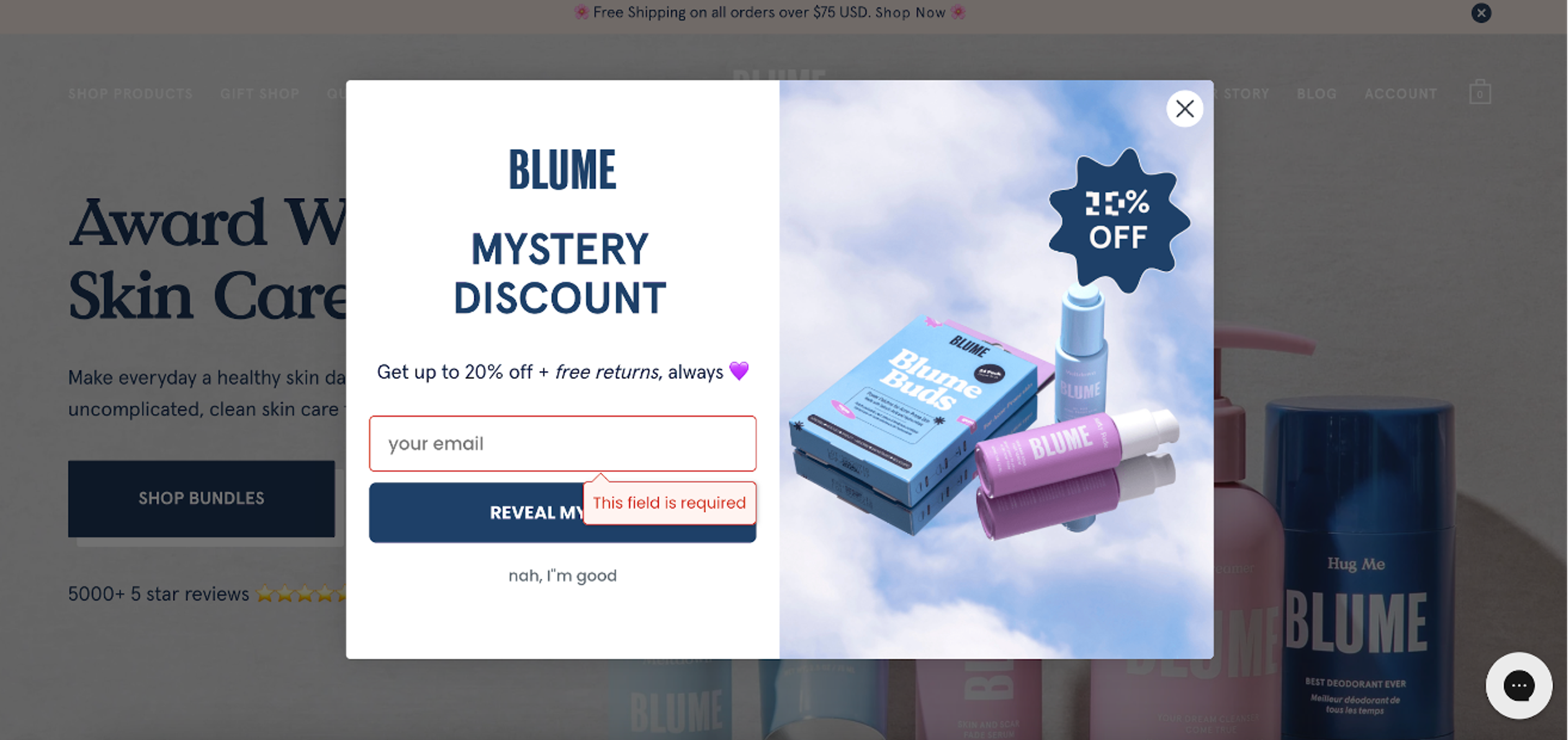 Blume welcome pop-up message example