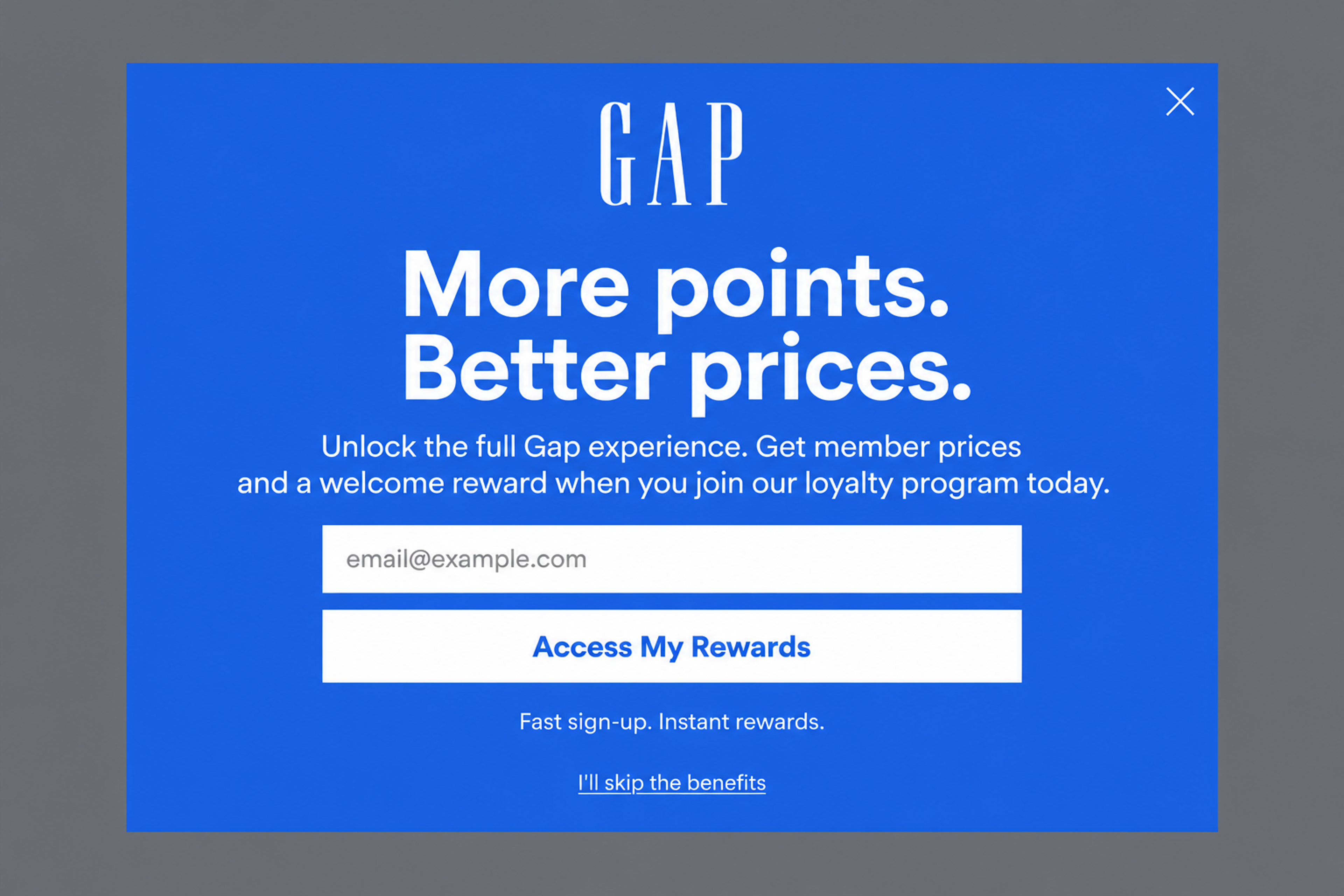 Loyalty program popup with member prices and a welcome reward, on a solid blue background