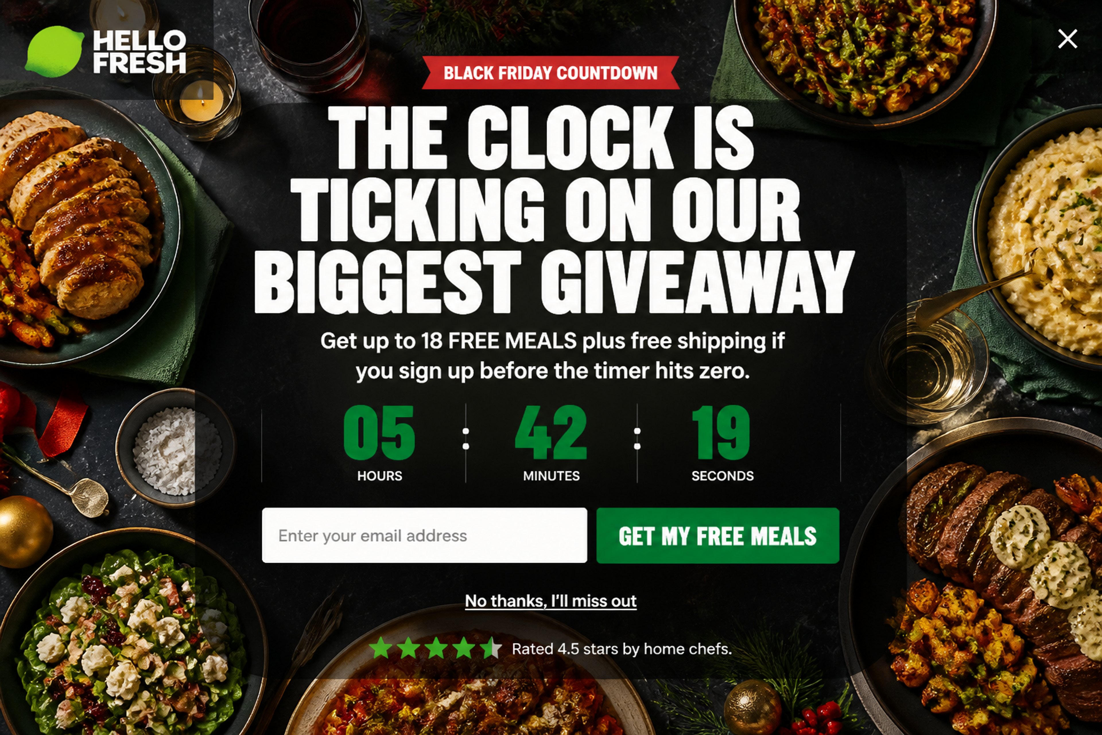 Fullscreen popup offering free meals and free shipping to visitors who sign up before the timer ends