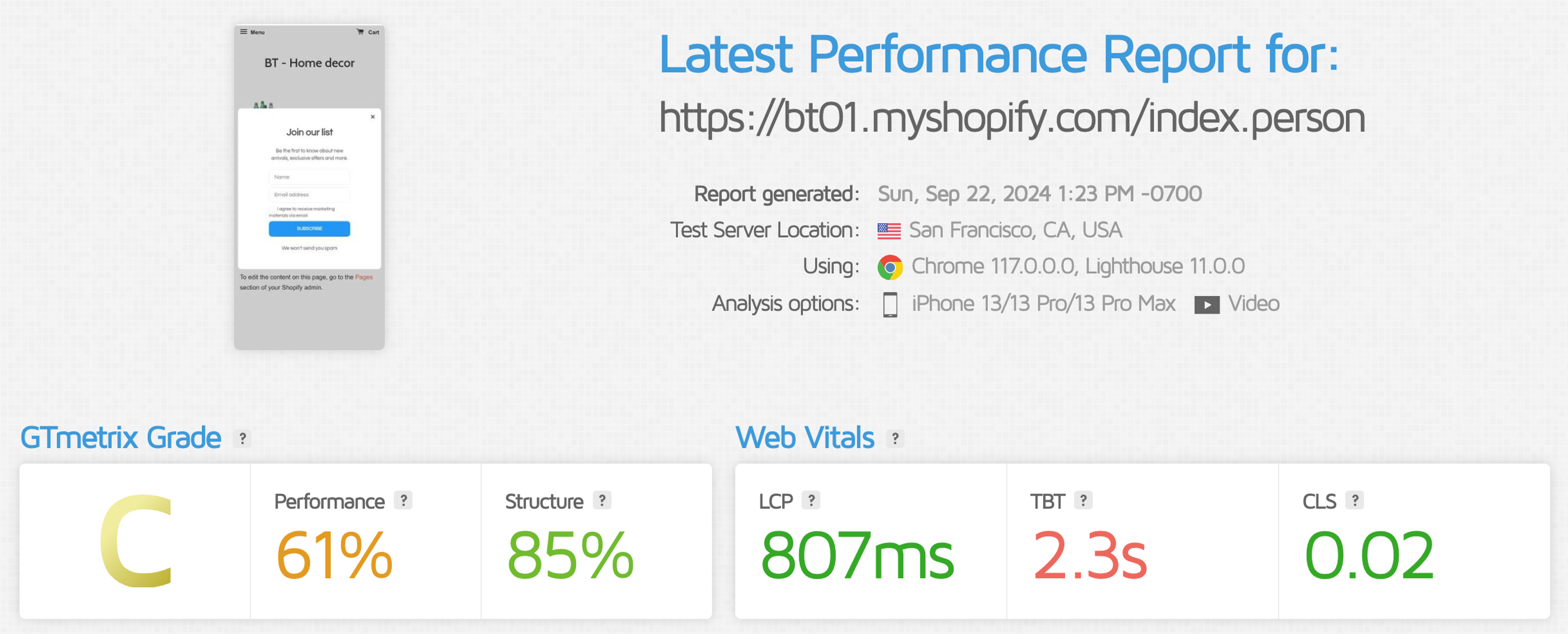 Personizely GTMetrix page speed results