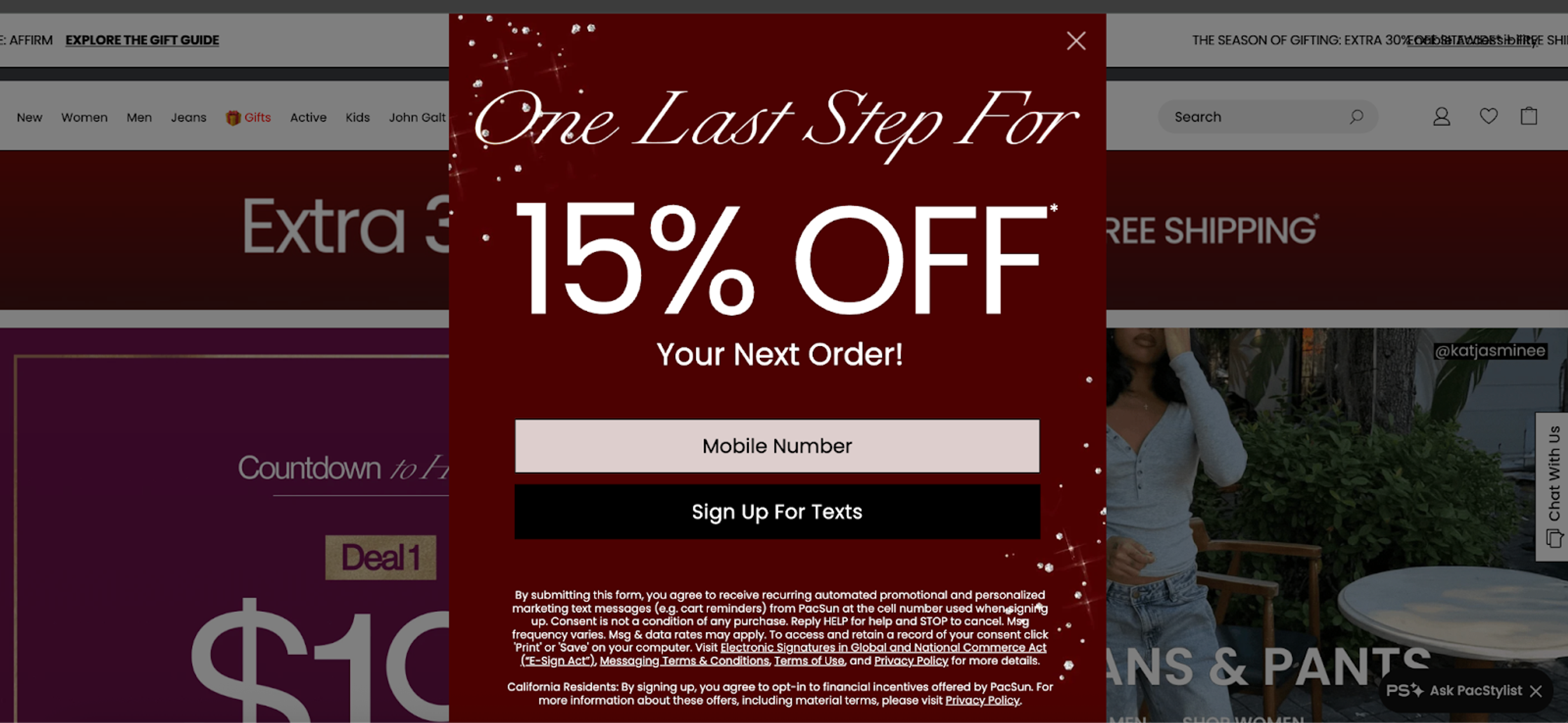 Pacsun email popup