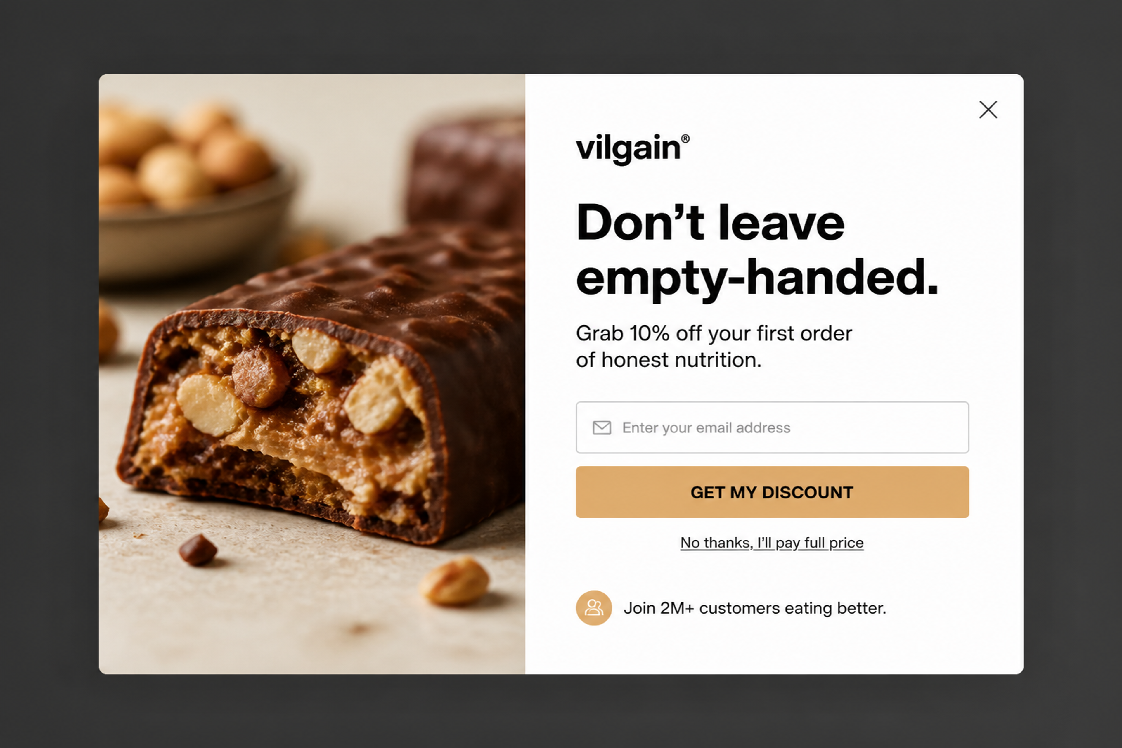 Exit-intent discount popup with a product close-up on the left and 10% off the first order on the right