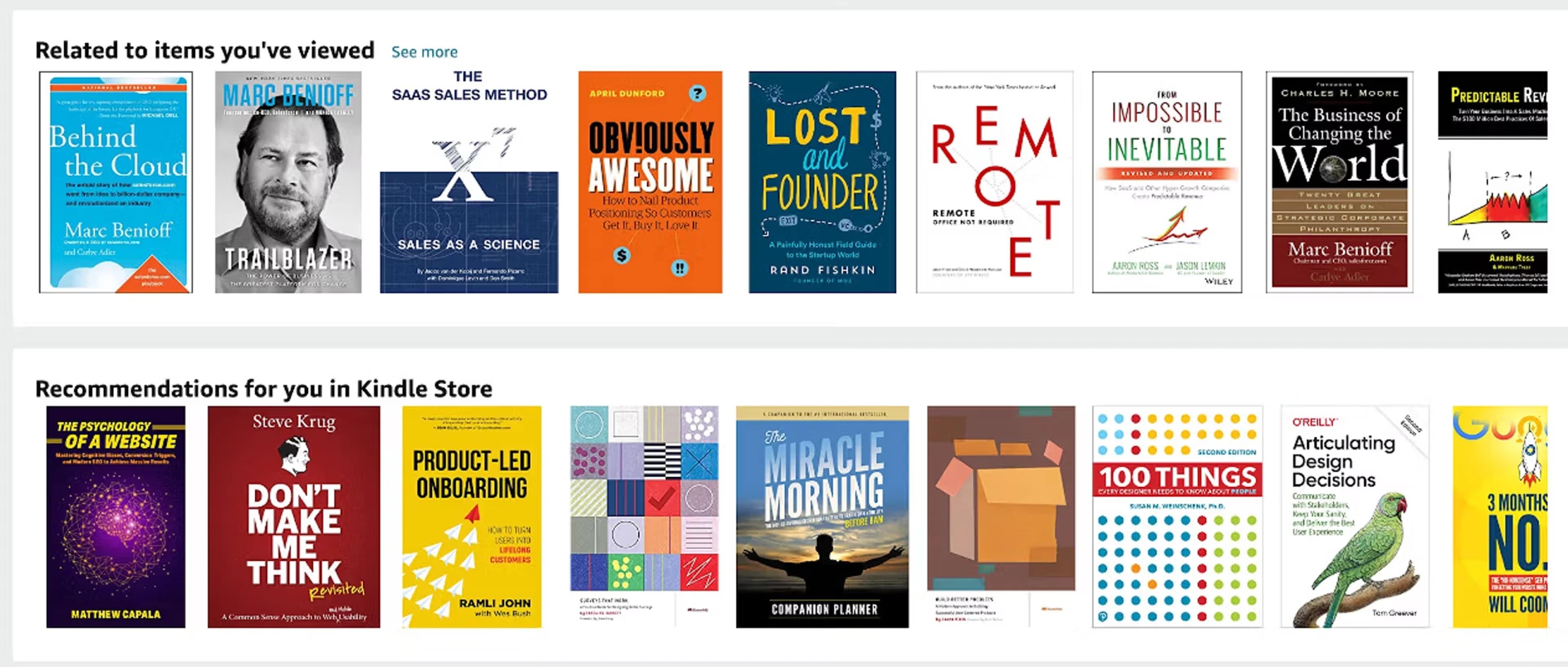 Amazon recommendation rows: Related to items you've viewed and Recommendations for you in Kindle Store