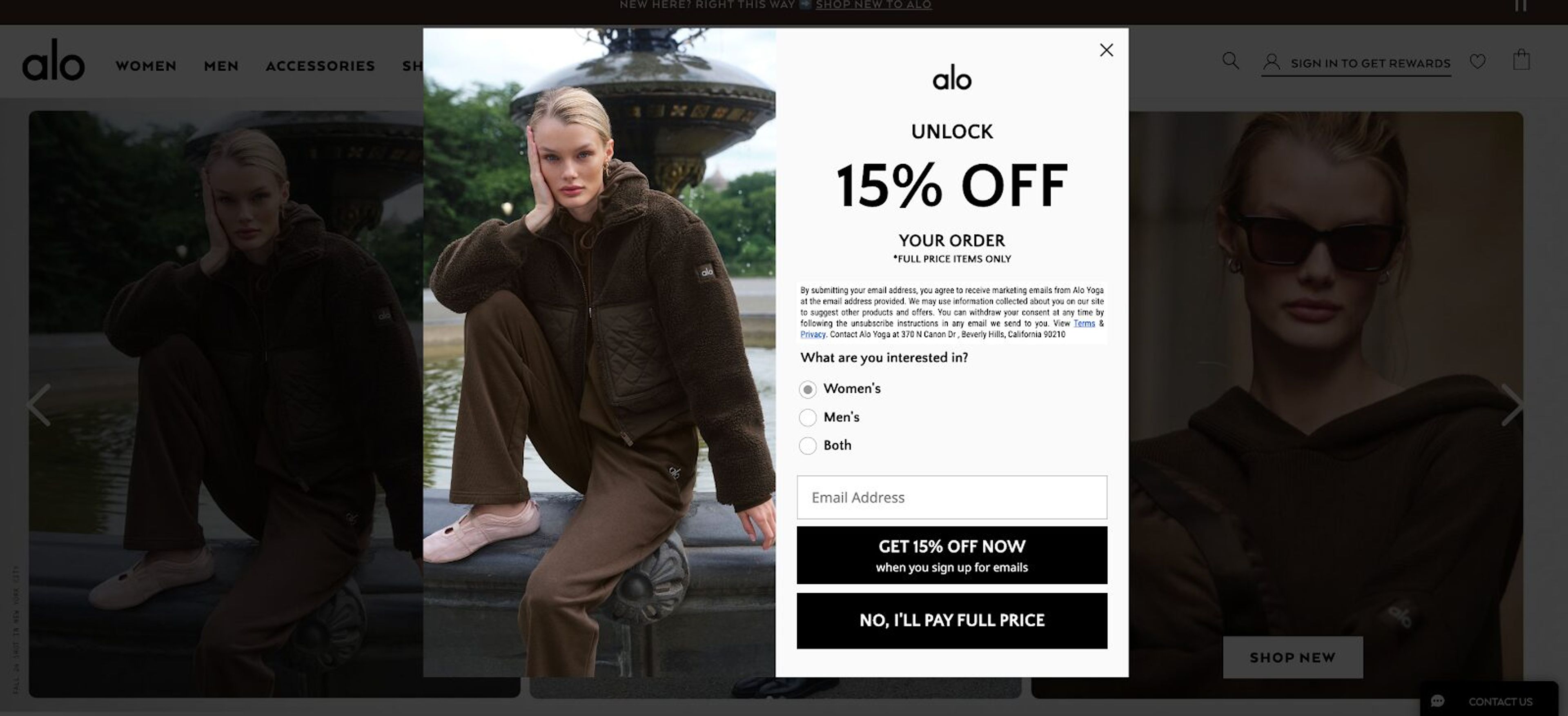 Discount pop-up with a brief interest quiz and humorous opt-out option.