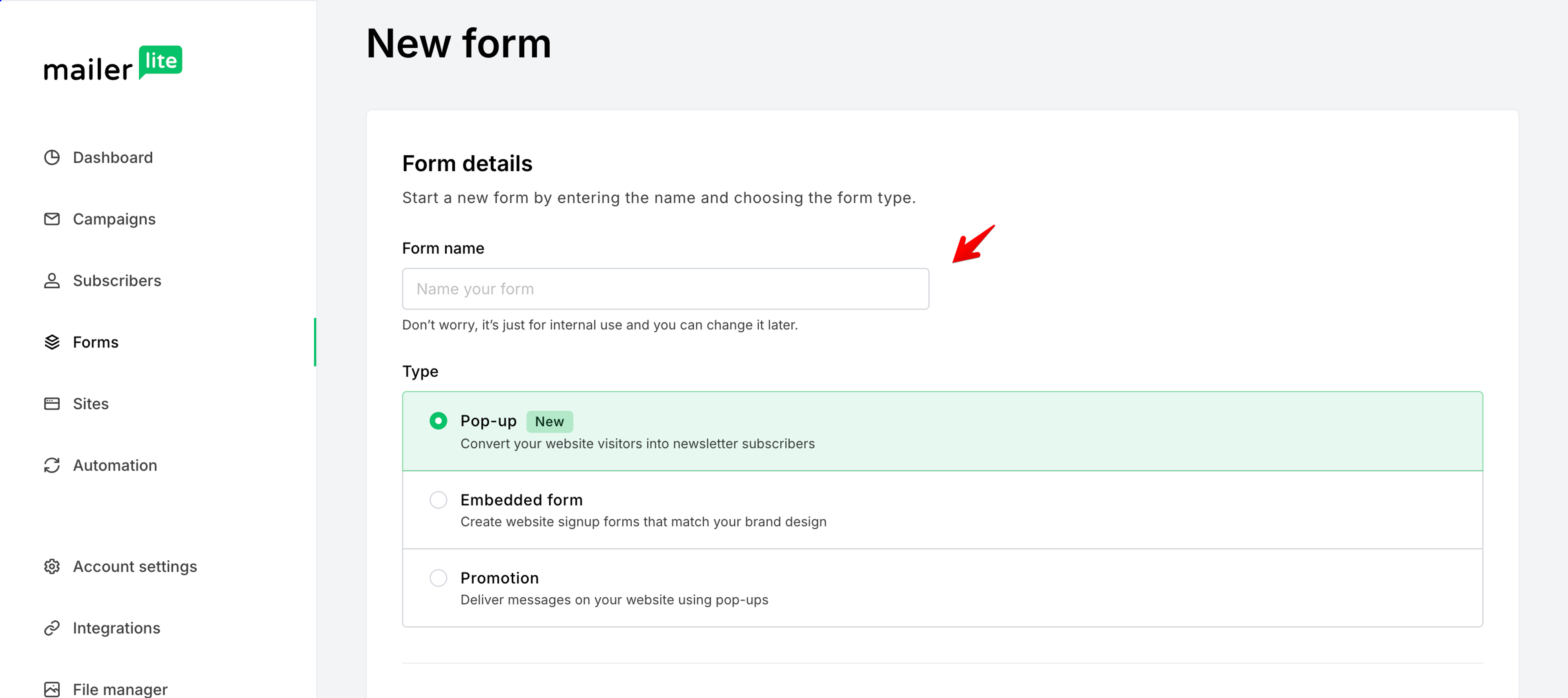 Name your MailerLite form