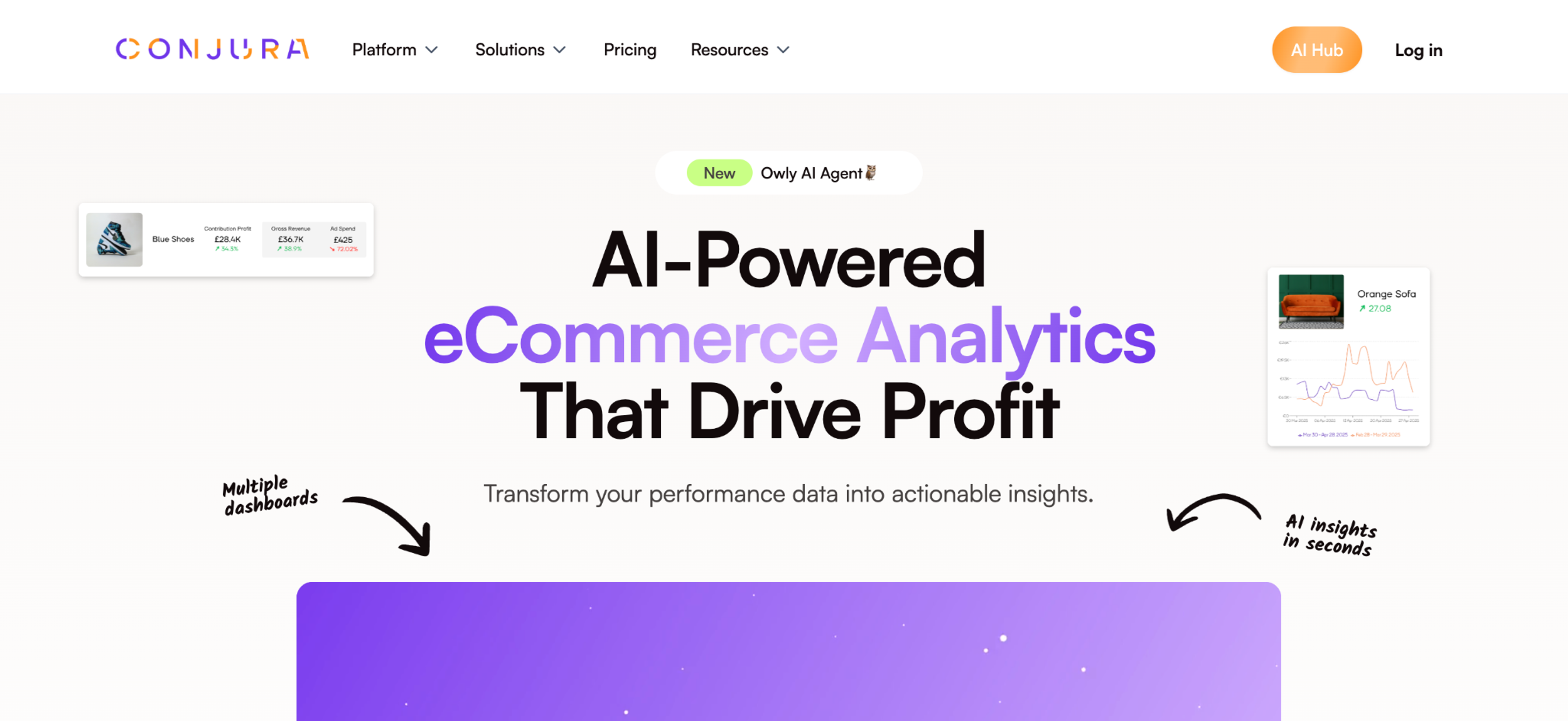 Conjura homepage: AI-powered ecommerce analytics with the Owly AI agent