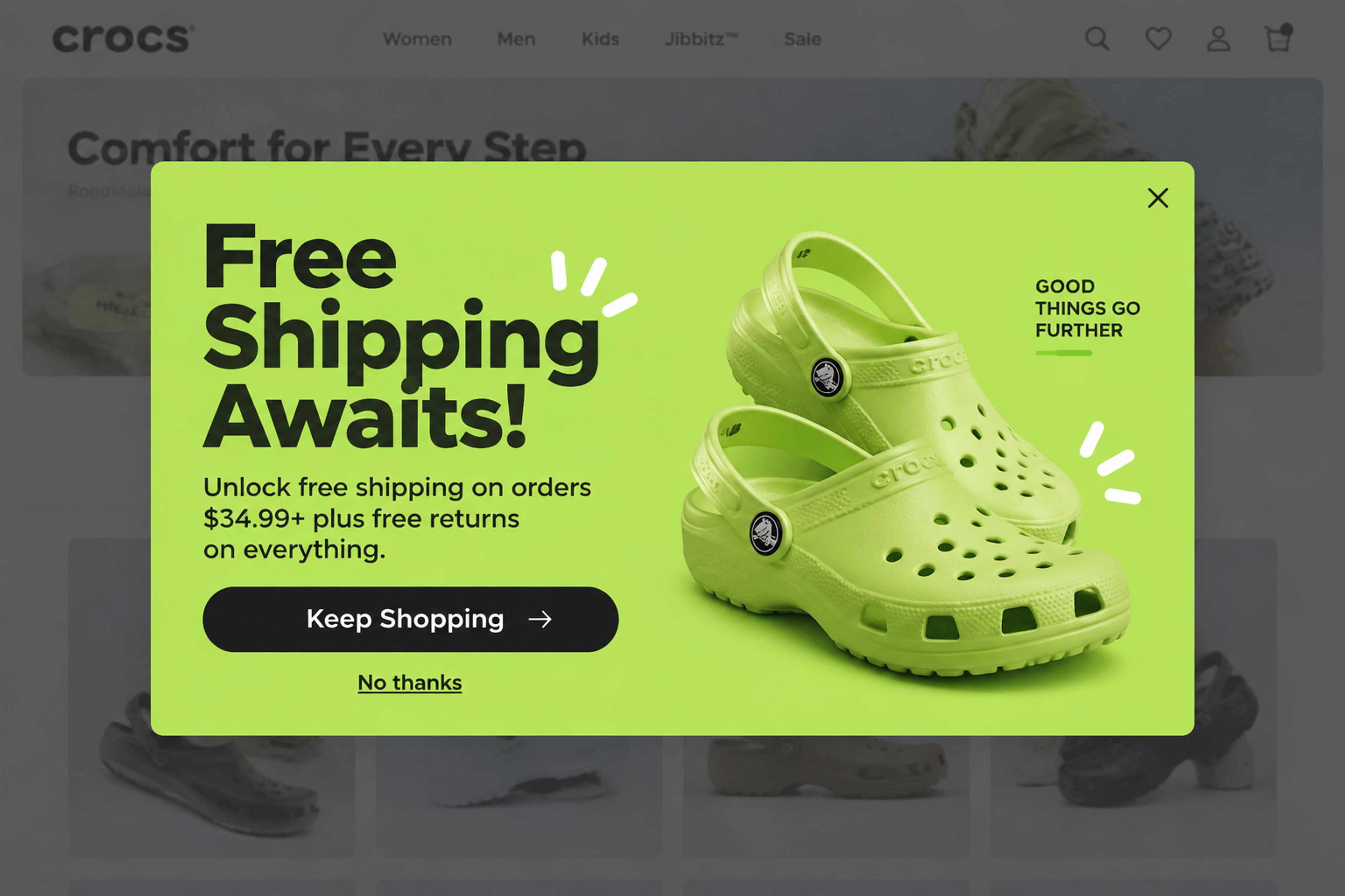 Free shipping popup designed for Crocs with "Free Shipping Awaits!" headline, a "Keep Shopping" button and a "No thanks" link