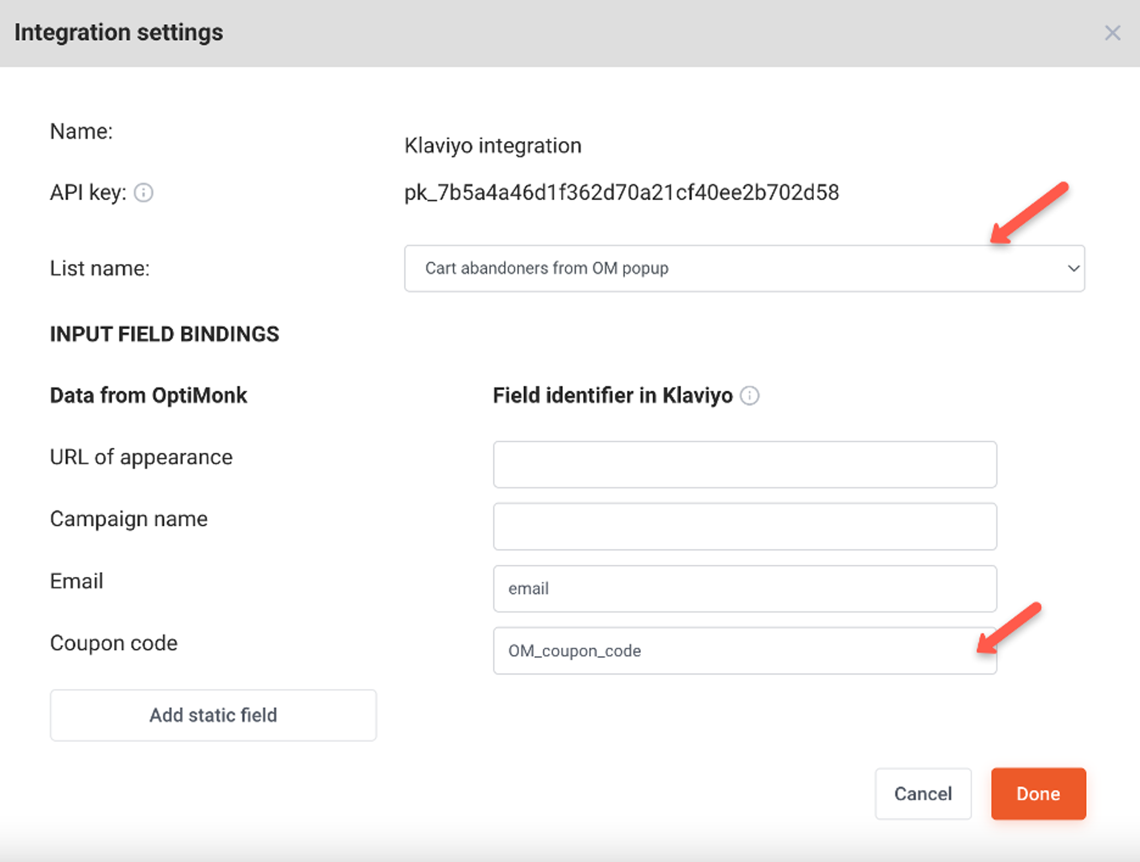 Step 4 to integrate OptiMonk and Klaviyo's abandoned cart flow