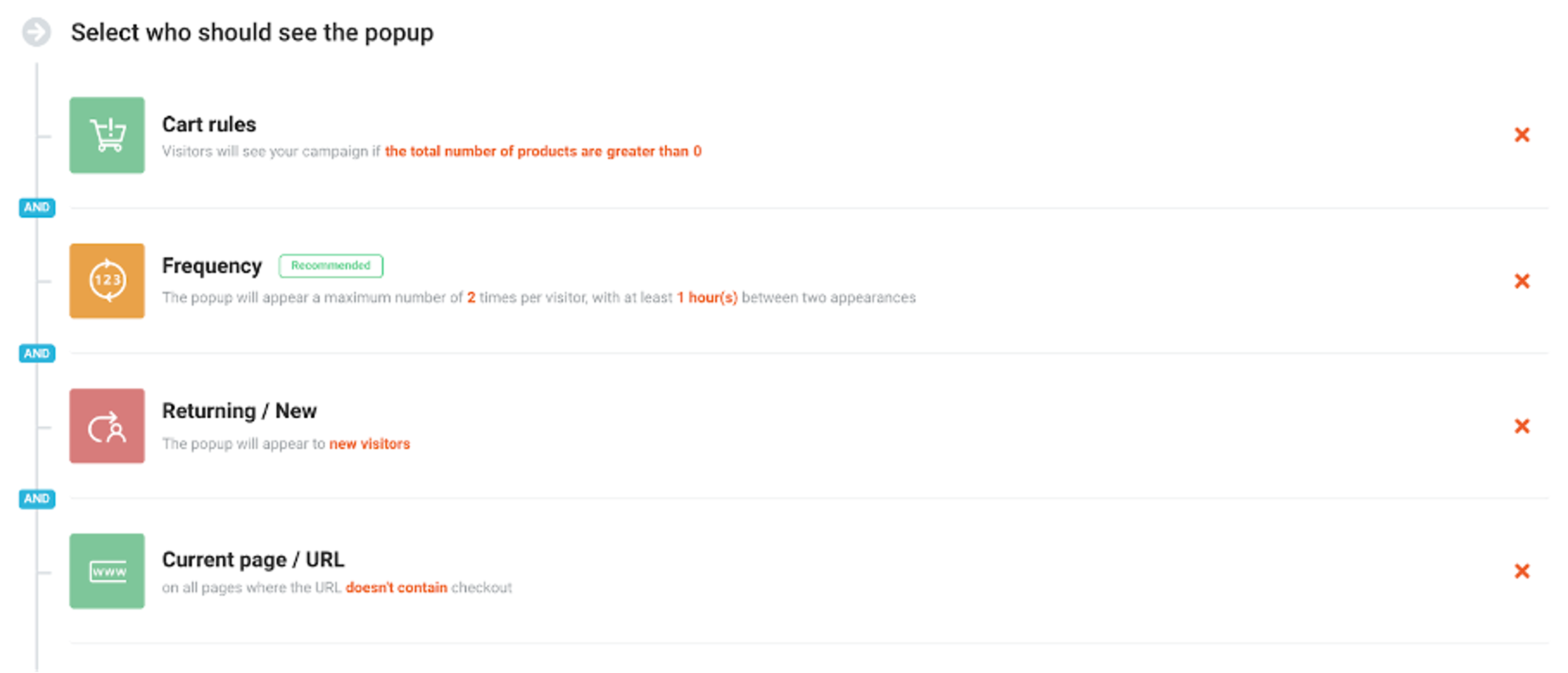 OptiMonk popup software targeting options