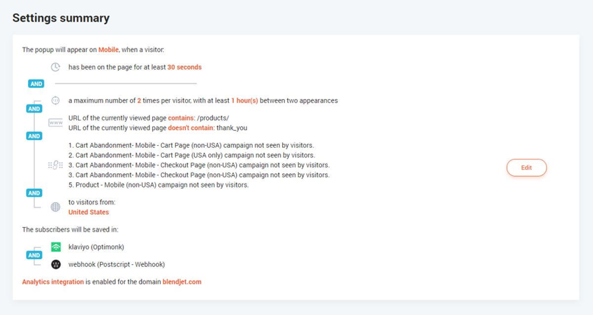 BlendJet popup settings