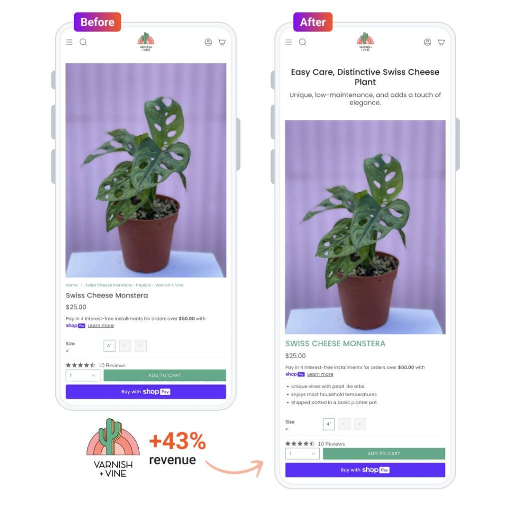 Varnish & Vine product page optimization before and after