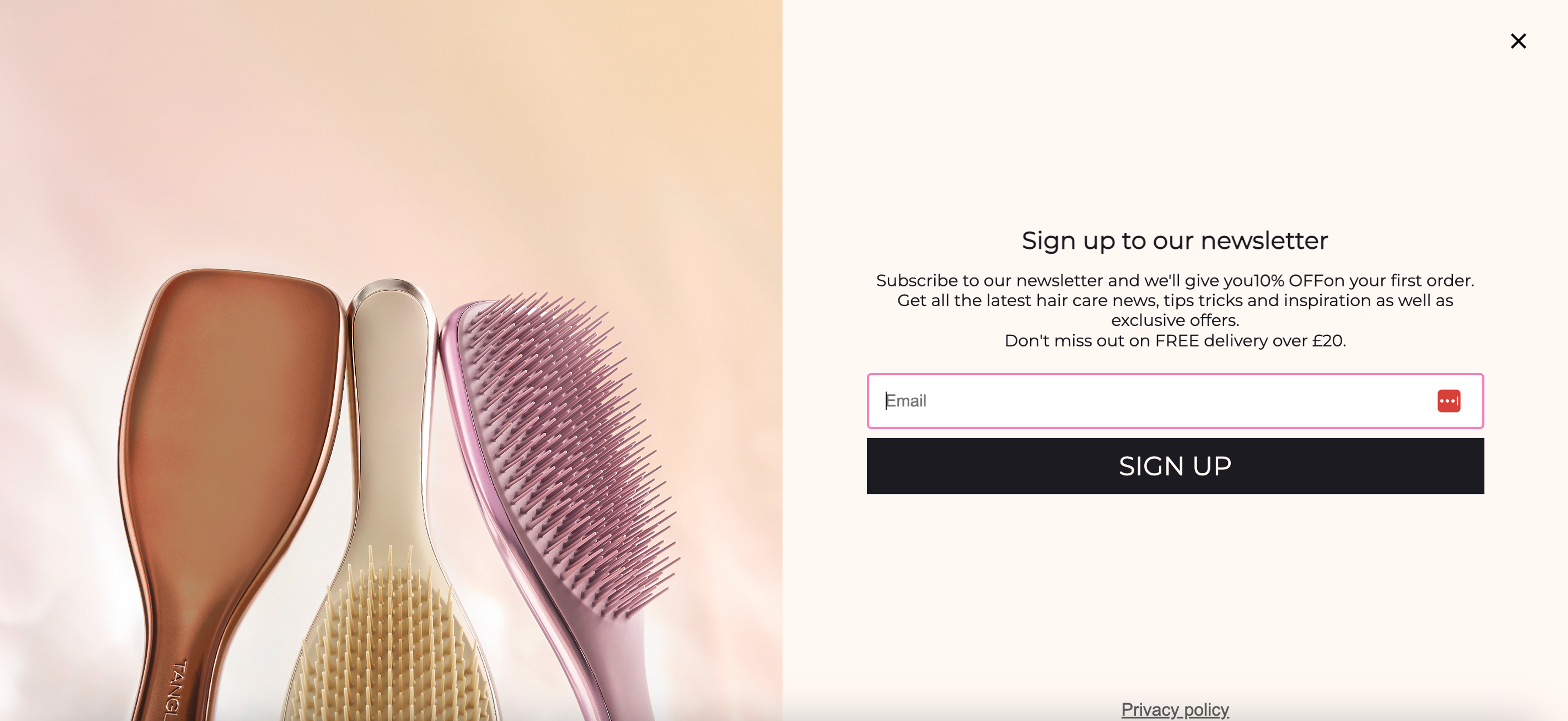 Tangle Teezer email sign-up pop-up