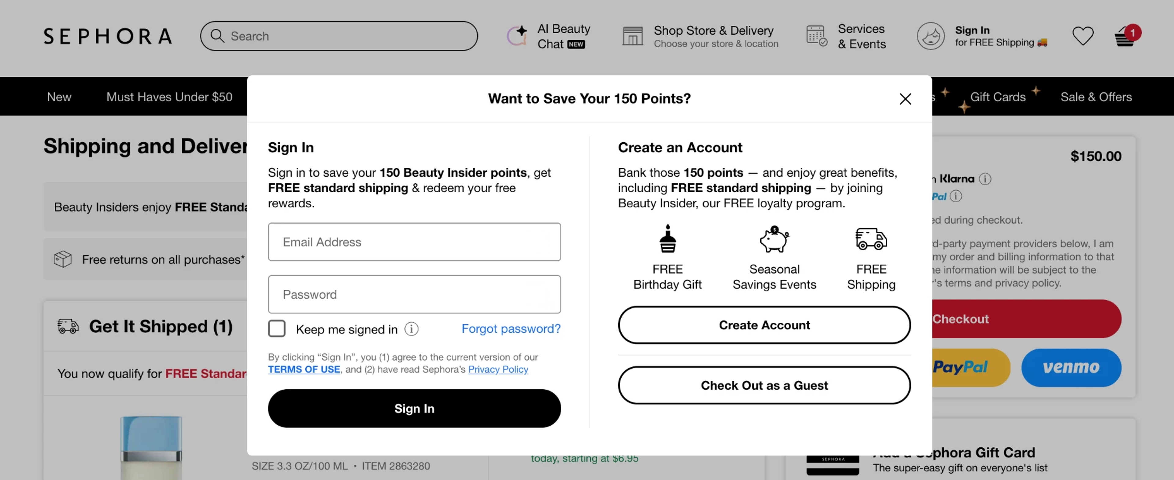 Sephora checkout window with Sign In, Create an Account and a Check Out as a Guest button