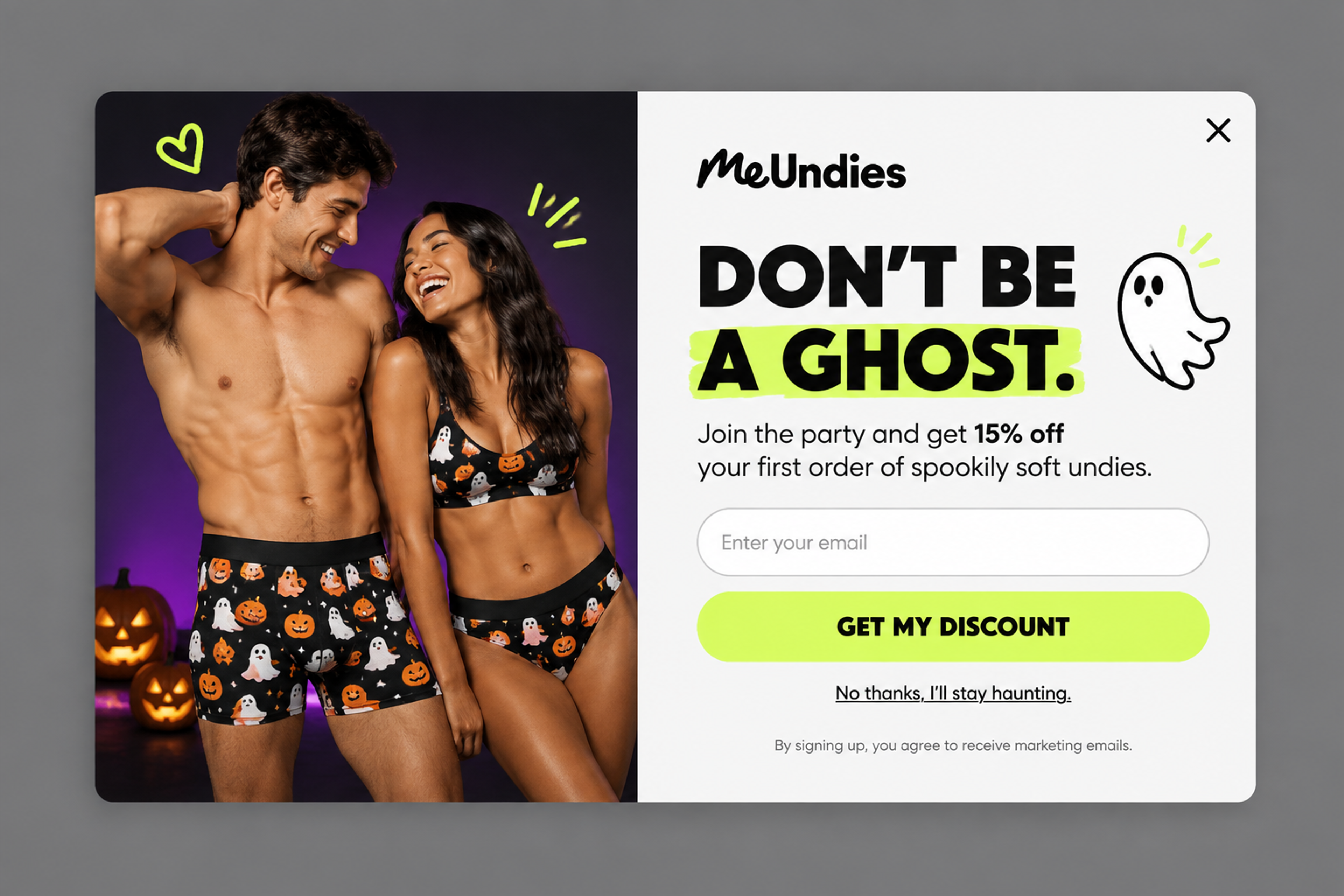 Halloween welcome popup designed for MeUndies with "Don't be a ghost" headline and 15% off the first order