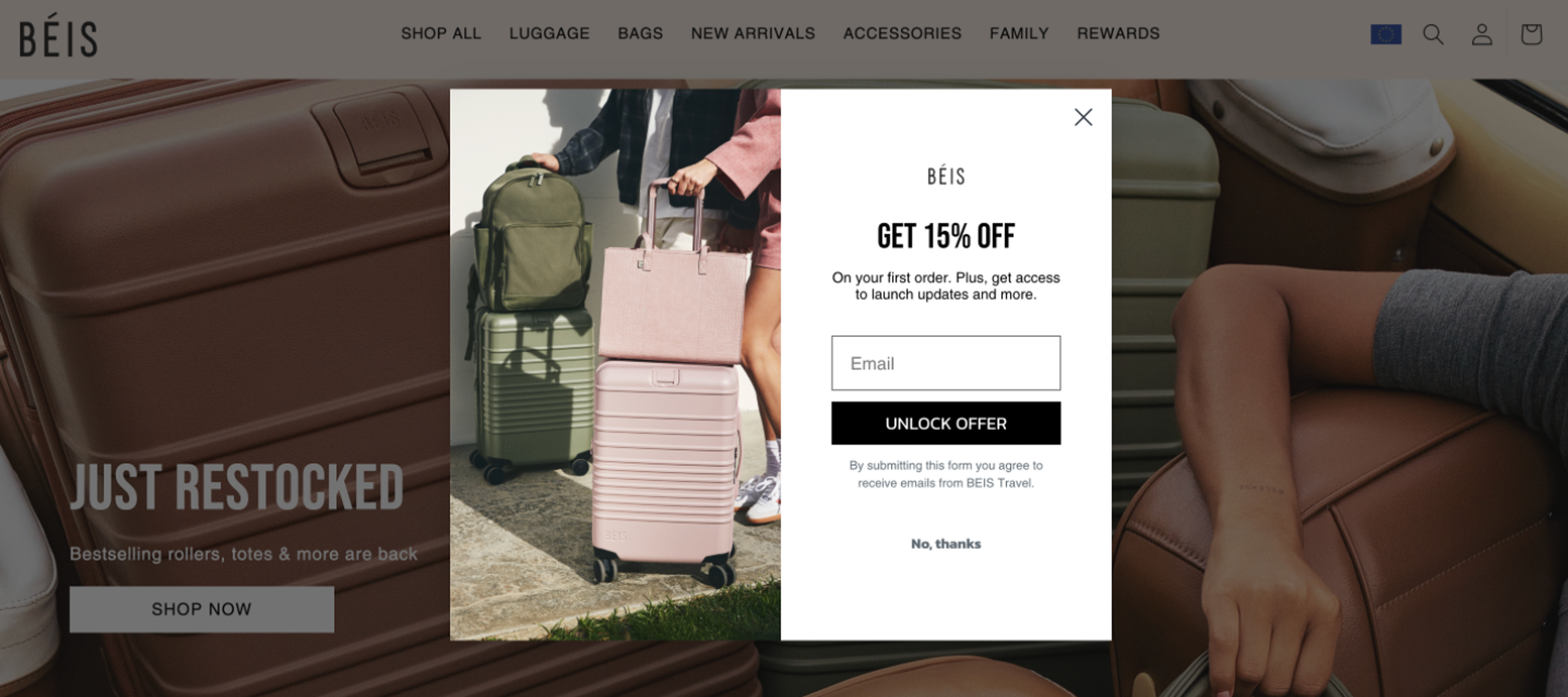 Beis Travel discount popup lead generation example
