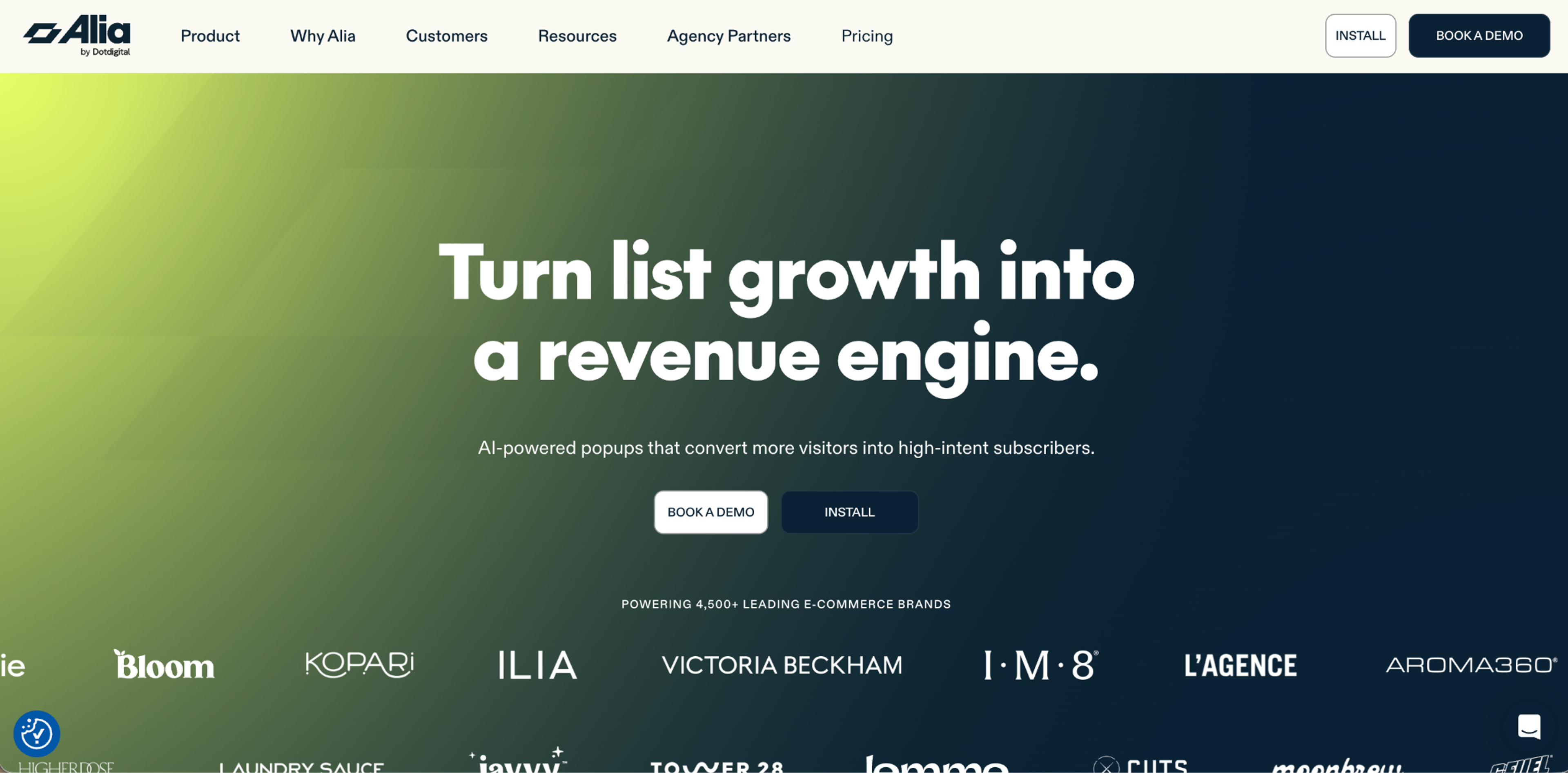 Alia homepage about AI-powered popups that turn visitors into subscribers