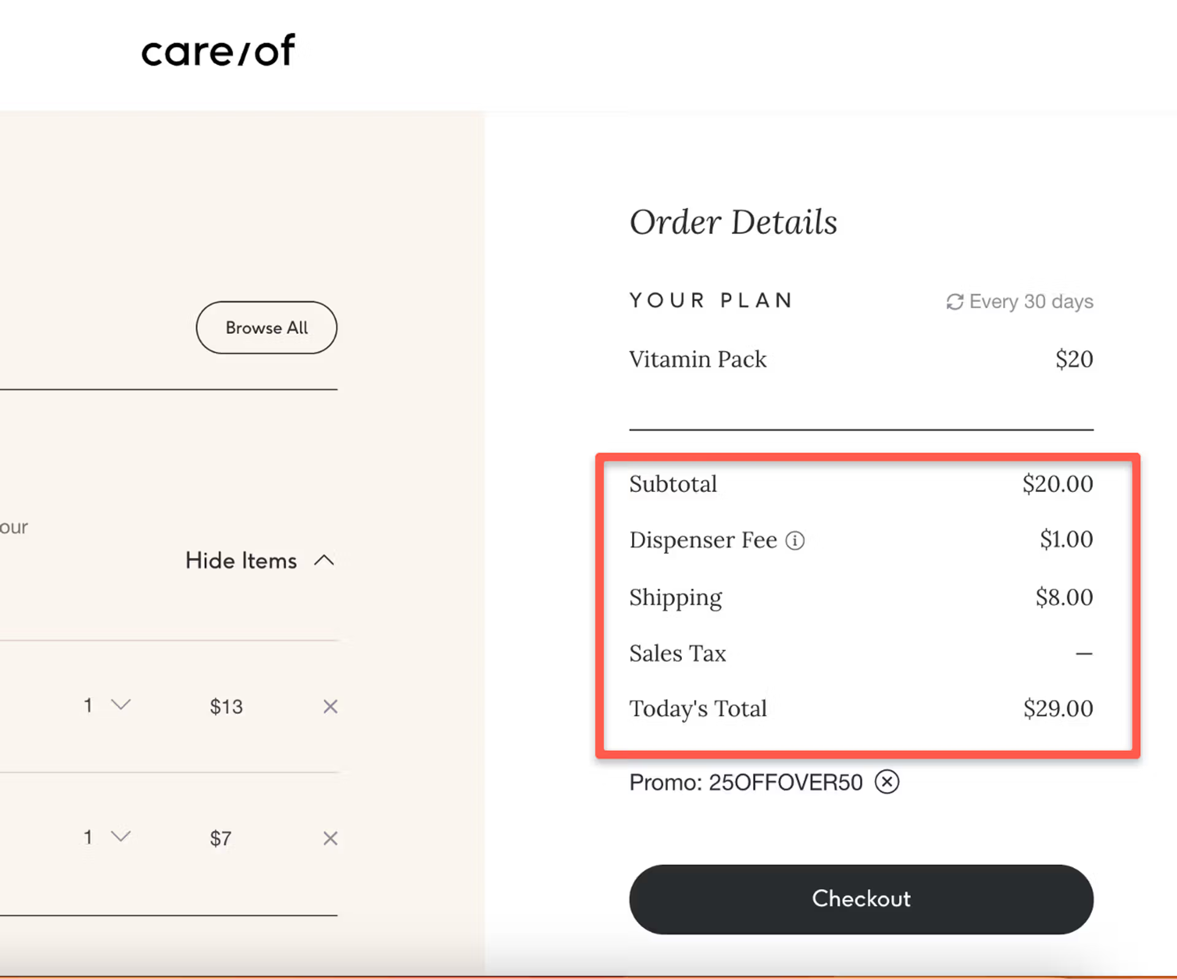 Care/of order summary listing subtotal, dispenser fee, shipping and sales tax before checkout