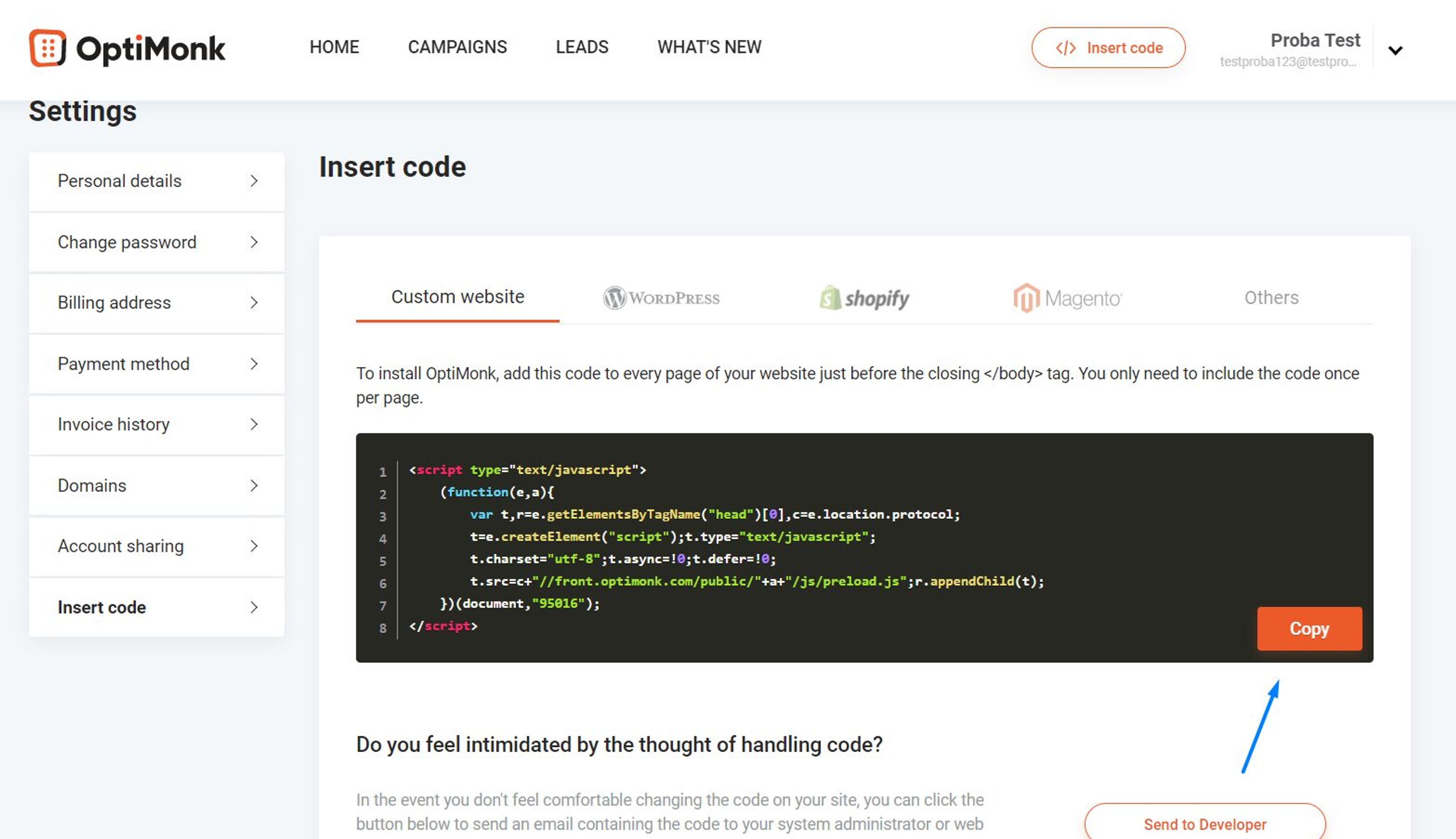 Create a new promotional pop up and add OptiMonk's custom code on your Squarespace website.