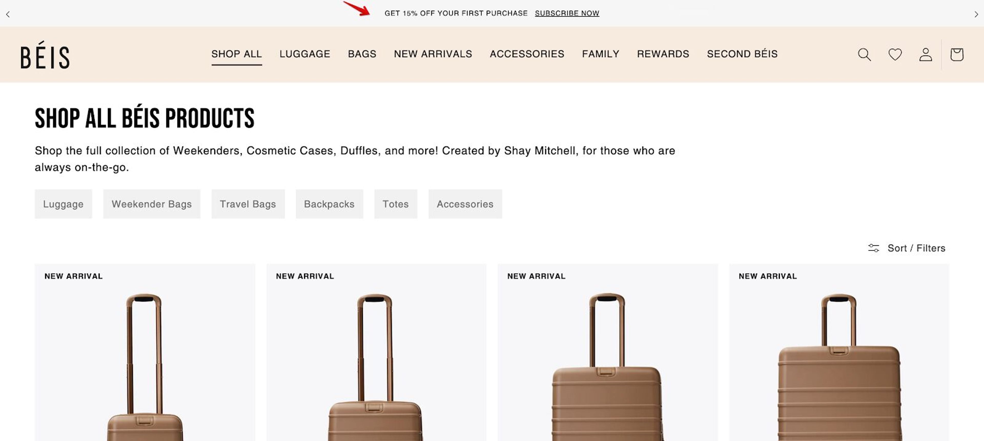 Beis Travel collects email on a free shipping bar.