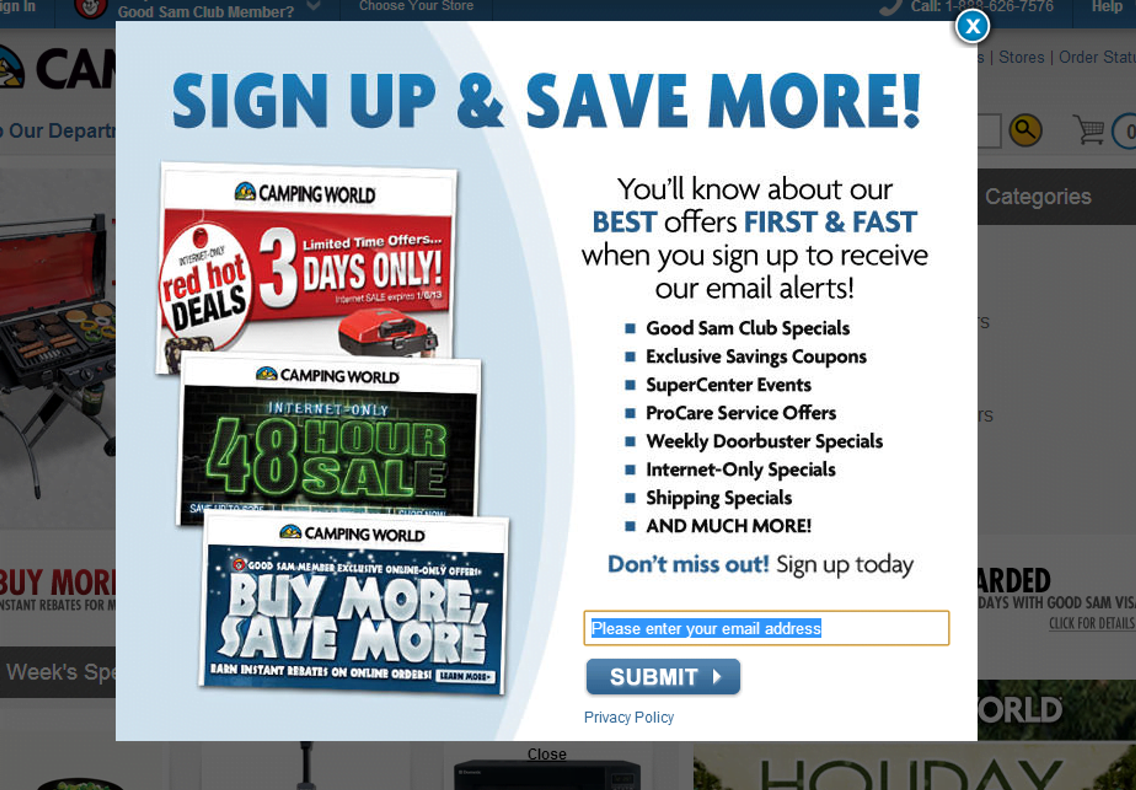 Camping world signup form examples popups on high traffic pages.